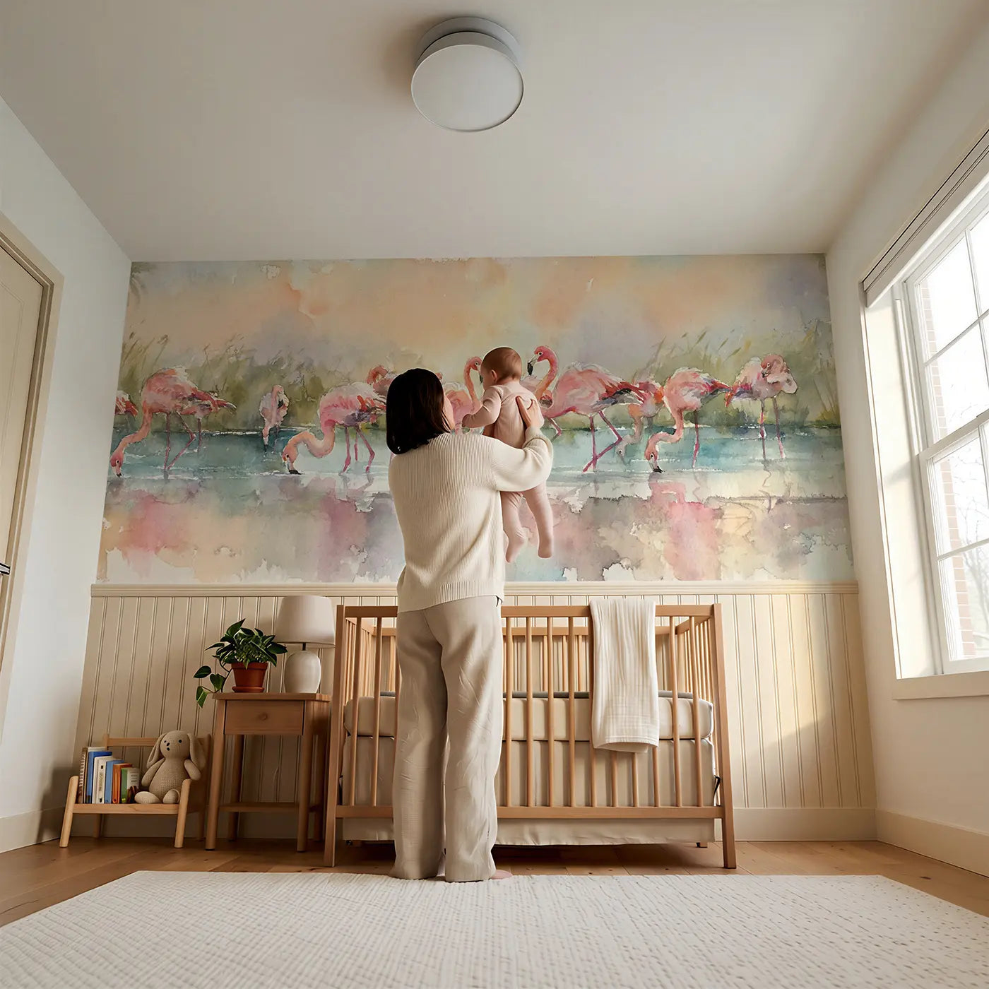 Child reading near Flamingo Lagoon Reflection Wainscoting Wallpaper by Whimsy Tots