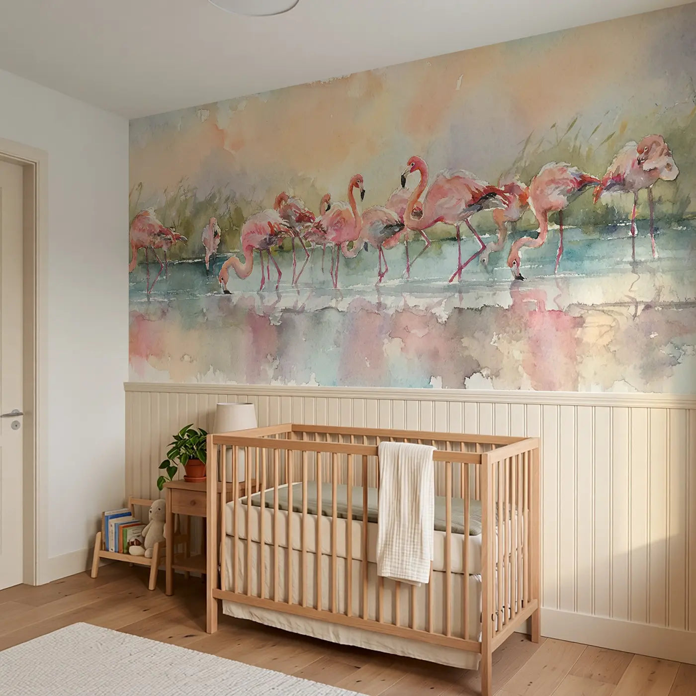 Flamingo Lagoon Reflection Wainscoting Wallpaper styled in a kids bedroom by Whimsy Tots