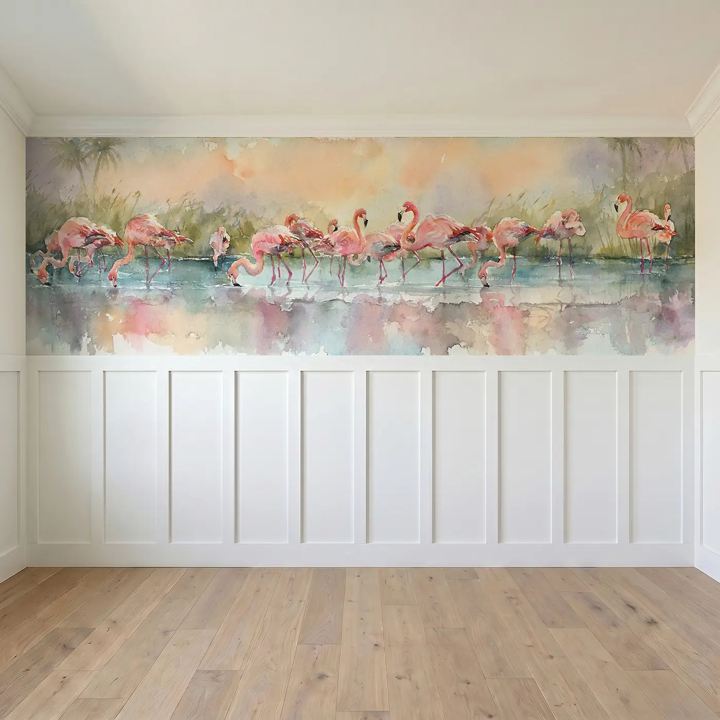 Full panel view of Flamingo Lagoon Reflection Wainscoting Wallpaper by Whimsy Tots