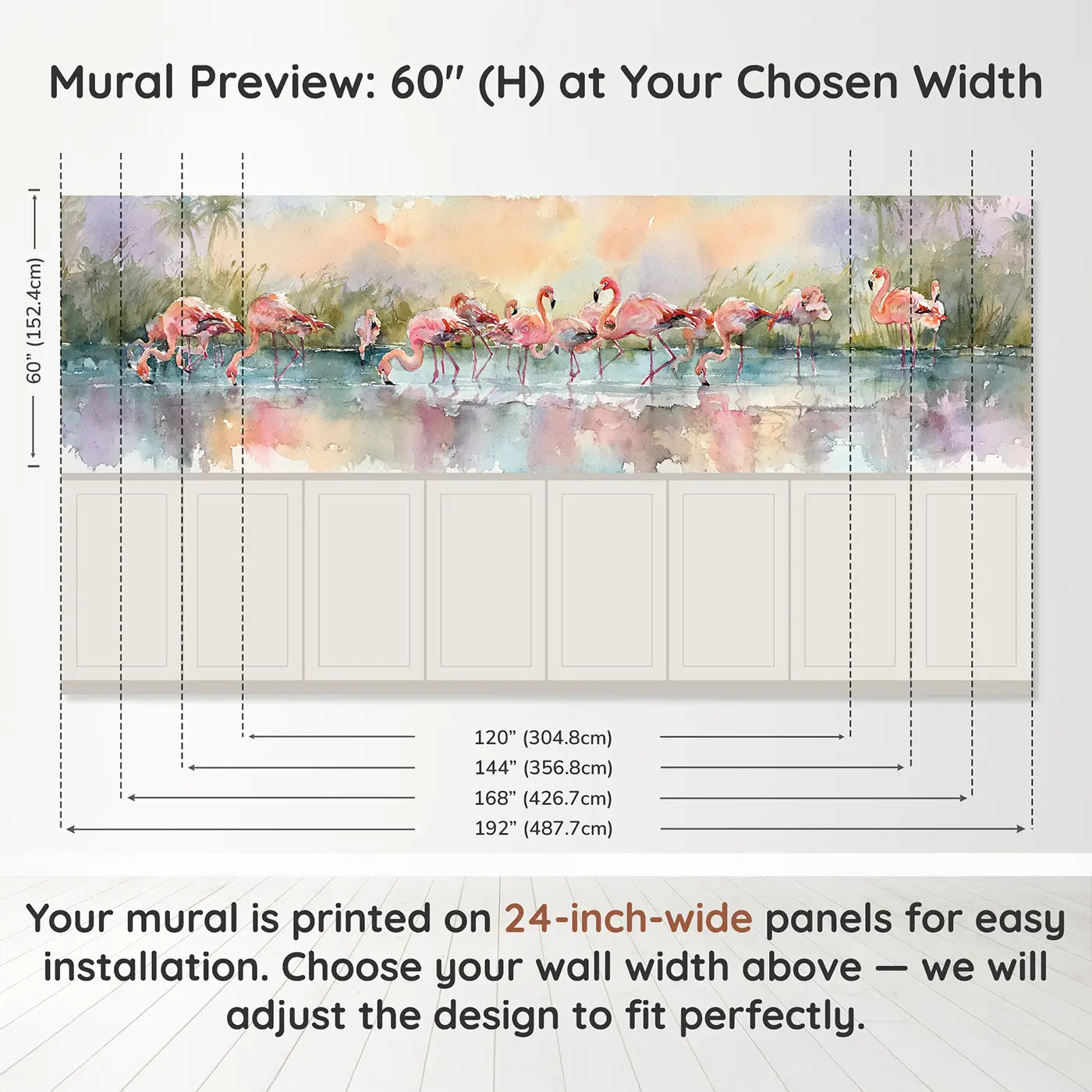 Panel dimensions for Flamingo Lagoon Reflection Wainscoting Wallpaper by Whimsy Tots