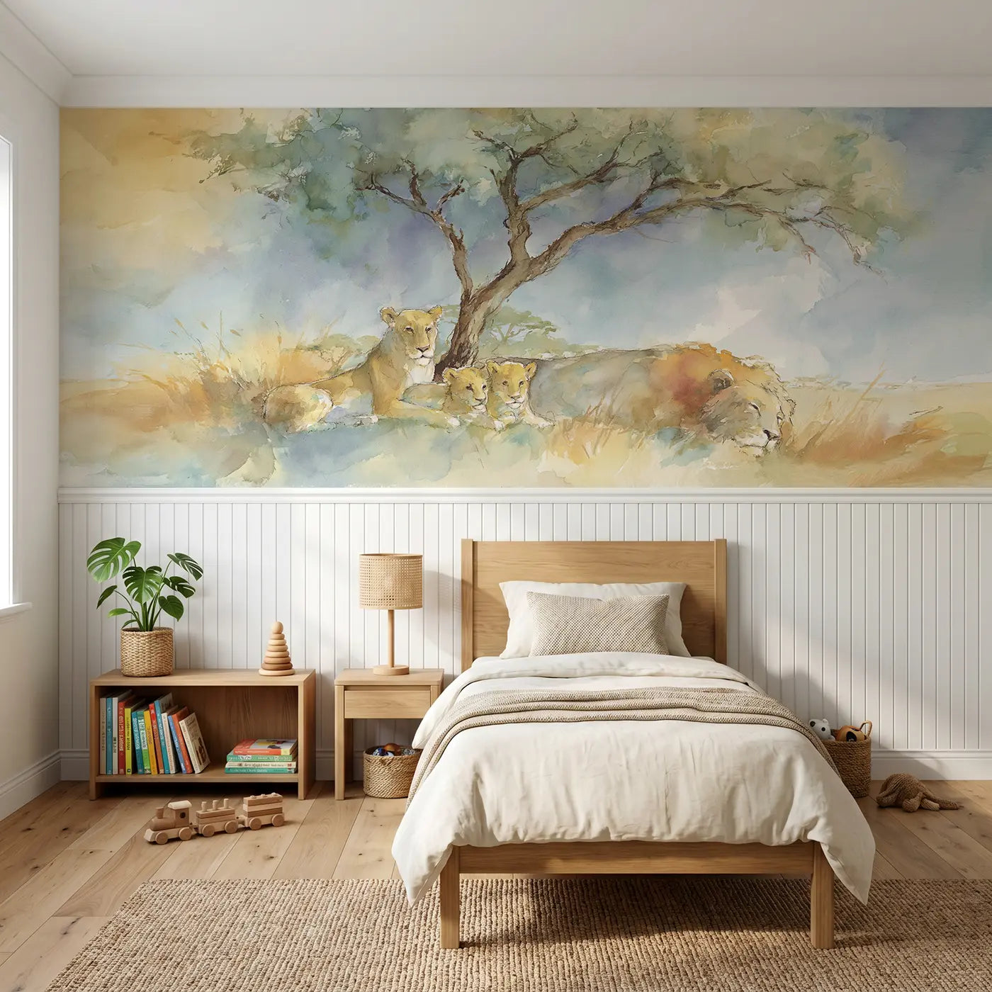 Watercolor lion pride savanna rest wainscoting wallpaper for bedroom by Whimsy Tots
