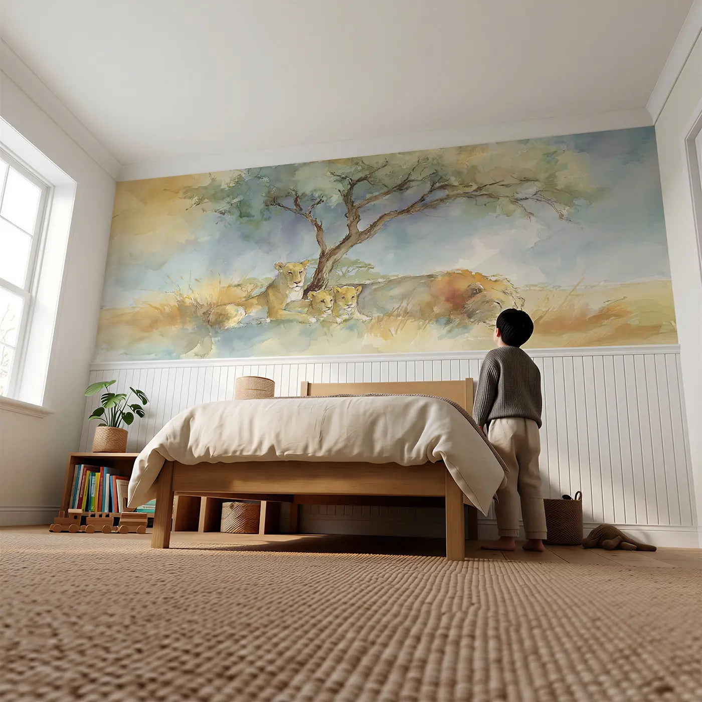 Child reading near Lion Pride Savanna Rest Wainscoting Wallpaper by Whimsy Tots