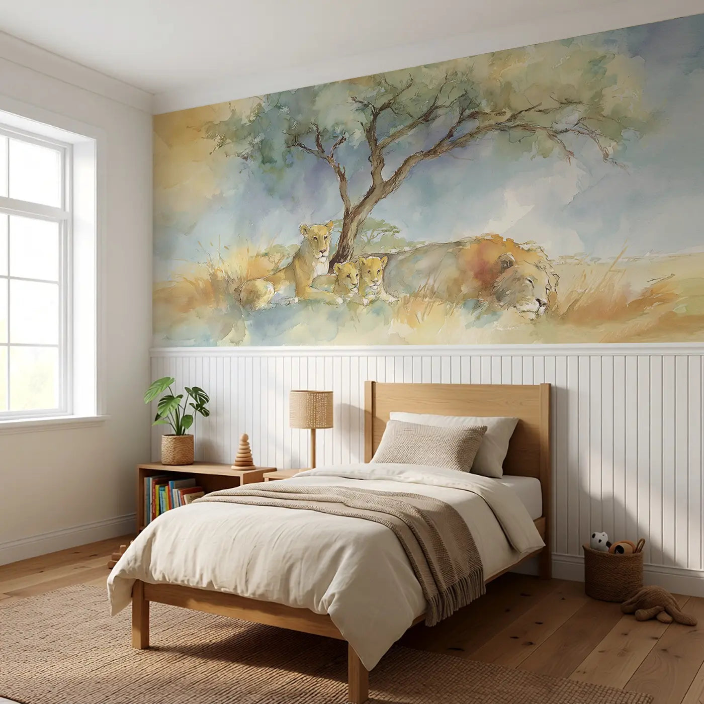 Lion Pride Savanna Rest Wainscoting Wallpaper styled in a kids bedroom by Whimsy Tots