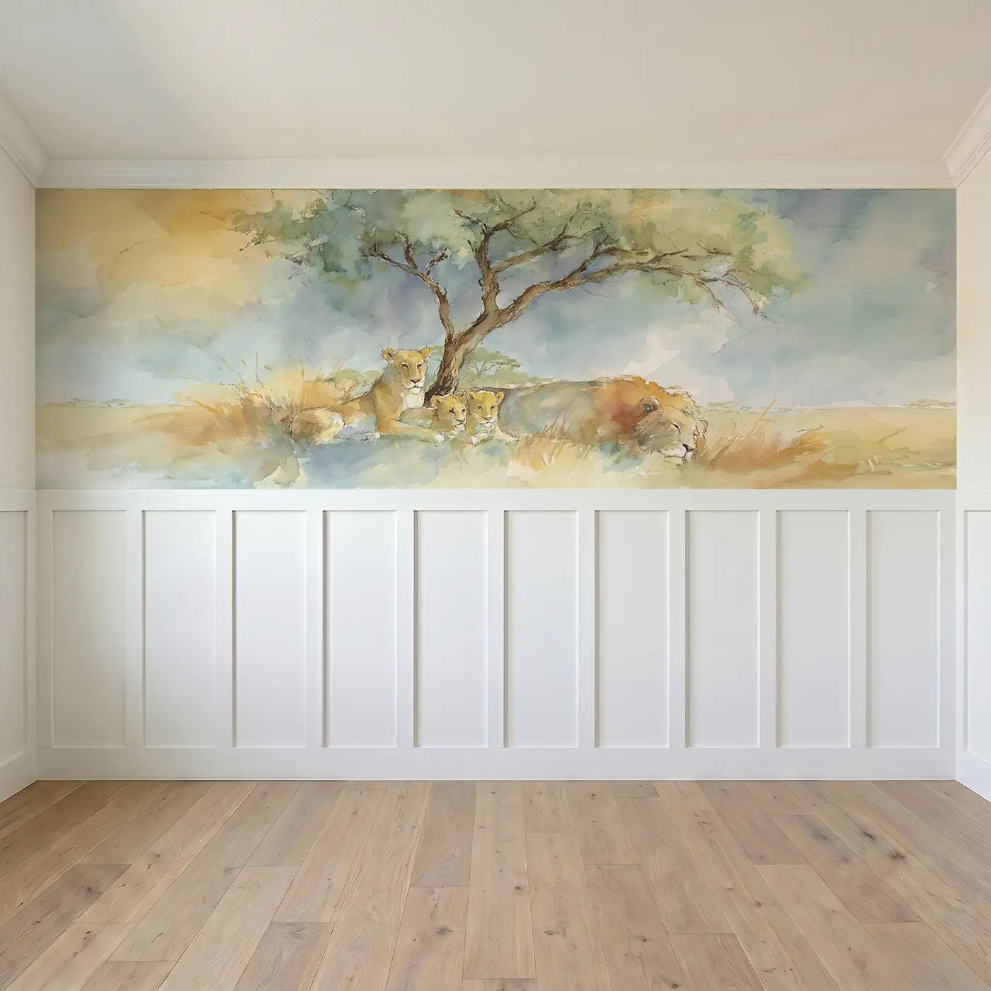 Full panel view of Lion Pride Savanna Rest Wainscoting Wallpaper by Whimsy Tots