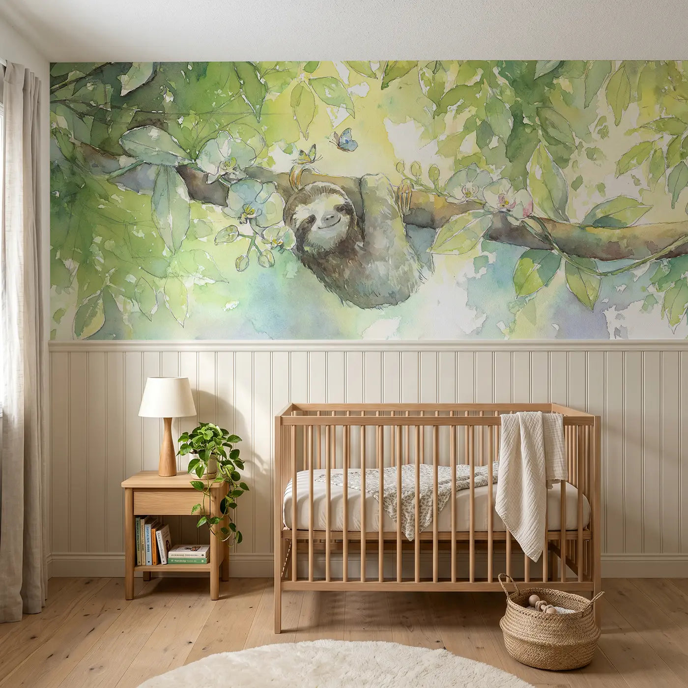 Watercolor sloth rainforest canopy hang wainscoting wallpaper for nursery by Whimsy Tots