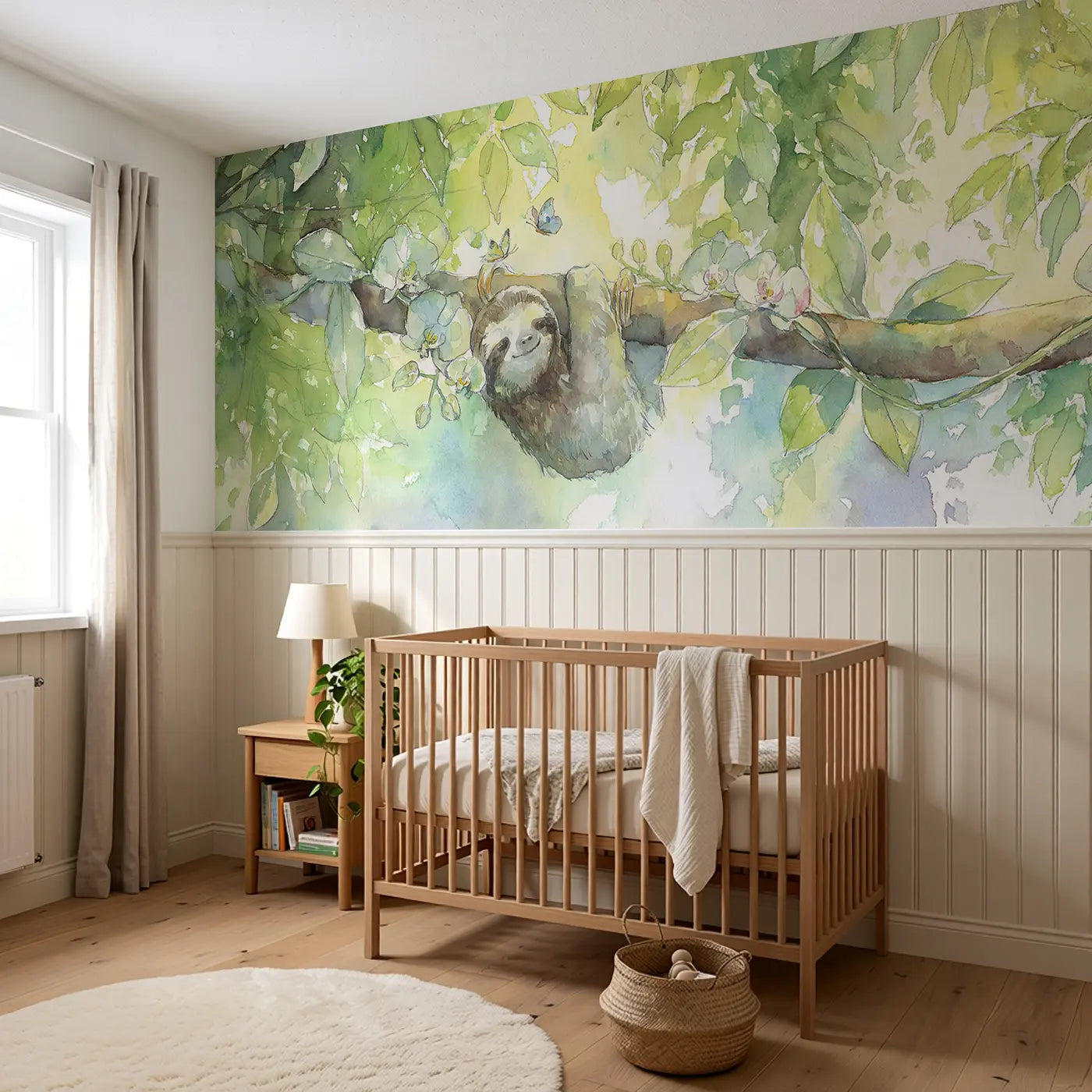 Sloth Rainforest Canopy Hang Wainscoting Wallpaper styled in a kids bedroom by Whimsy Tots