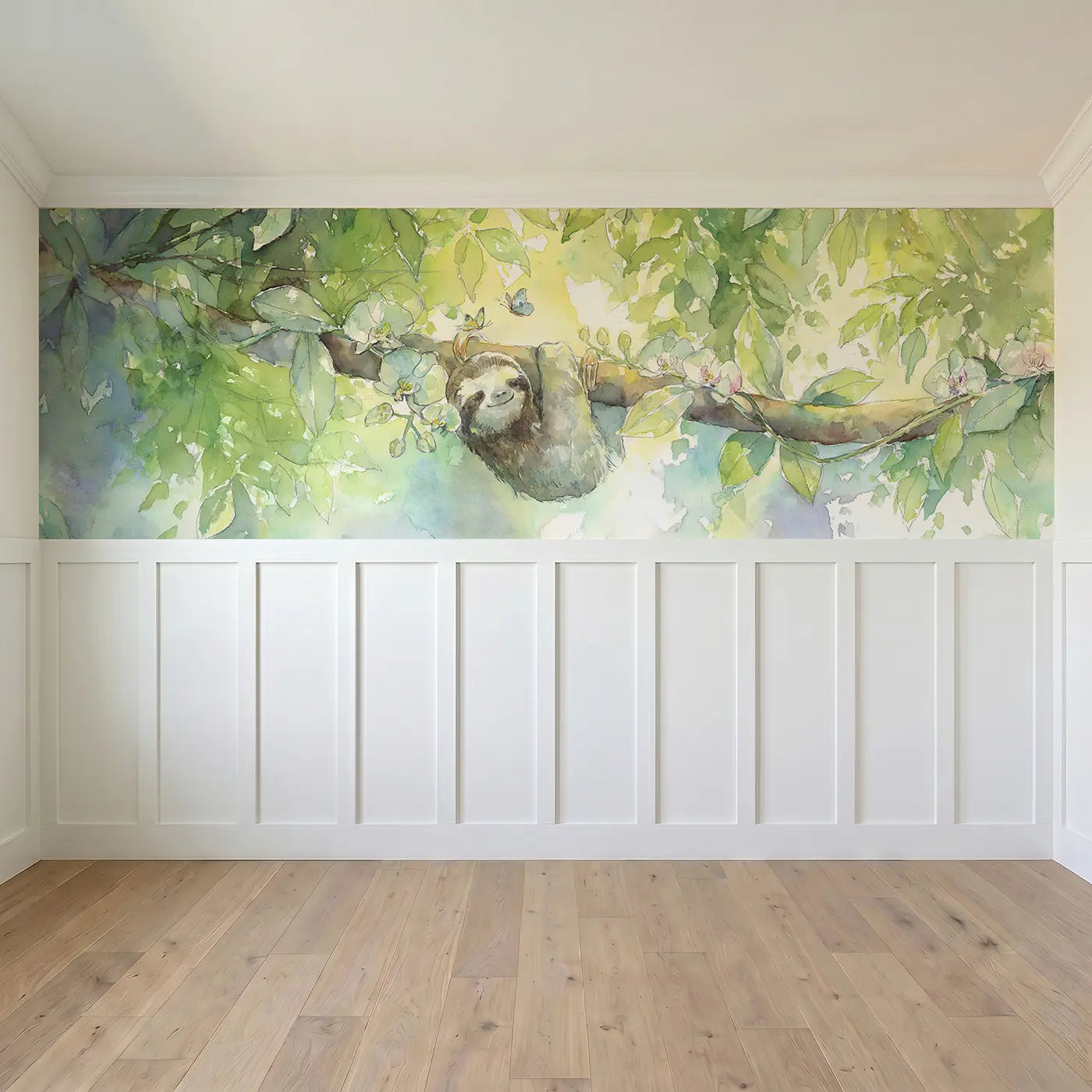 Full panel view of Sloth Rainforest Canopy Hang Wainscoting Wallpaper by Whimsy Tots