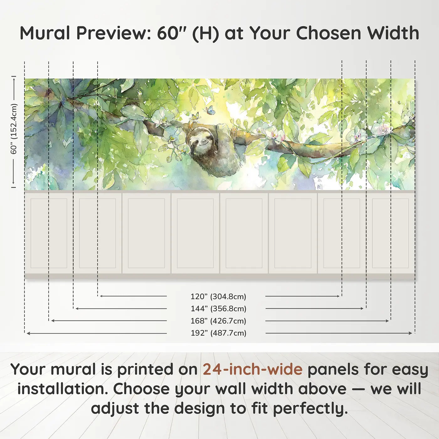 Panel dimensions for Sloth Rainforest Canopy Hang Wainscoting Wallpaper by Whimsy Tots