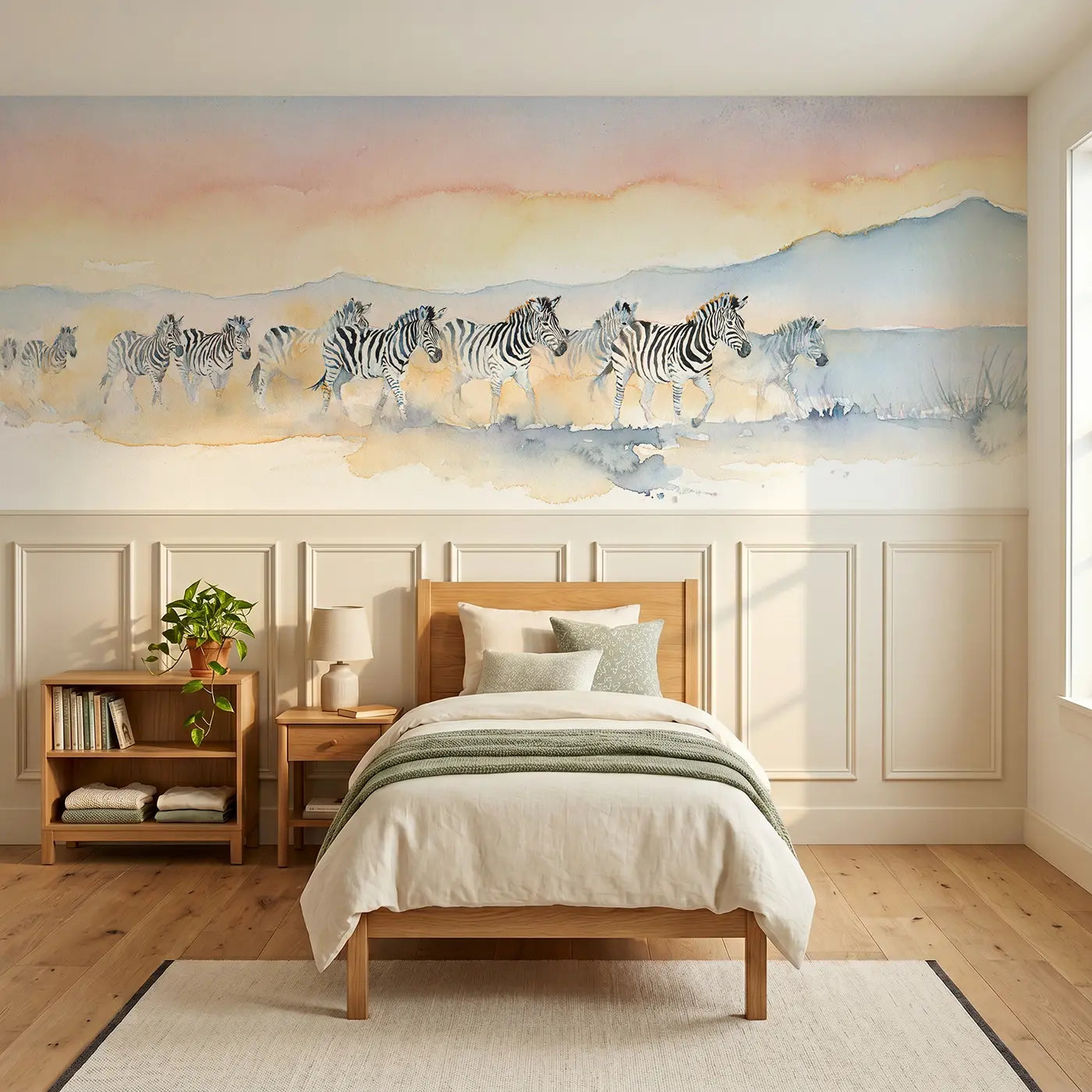 Watercolor zebra herd dust dawn wainscoting wallpaper for bedroom by Whimsy Tots