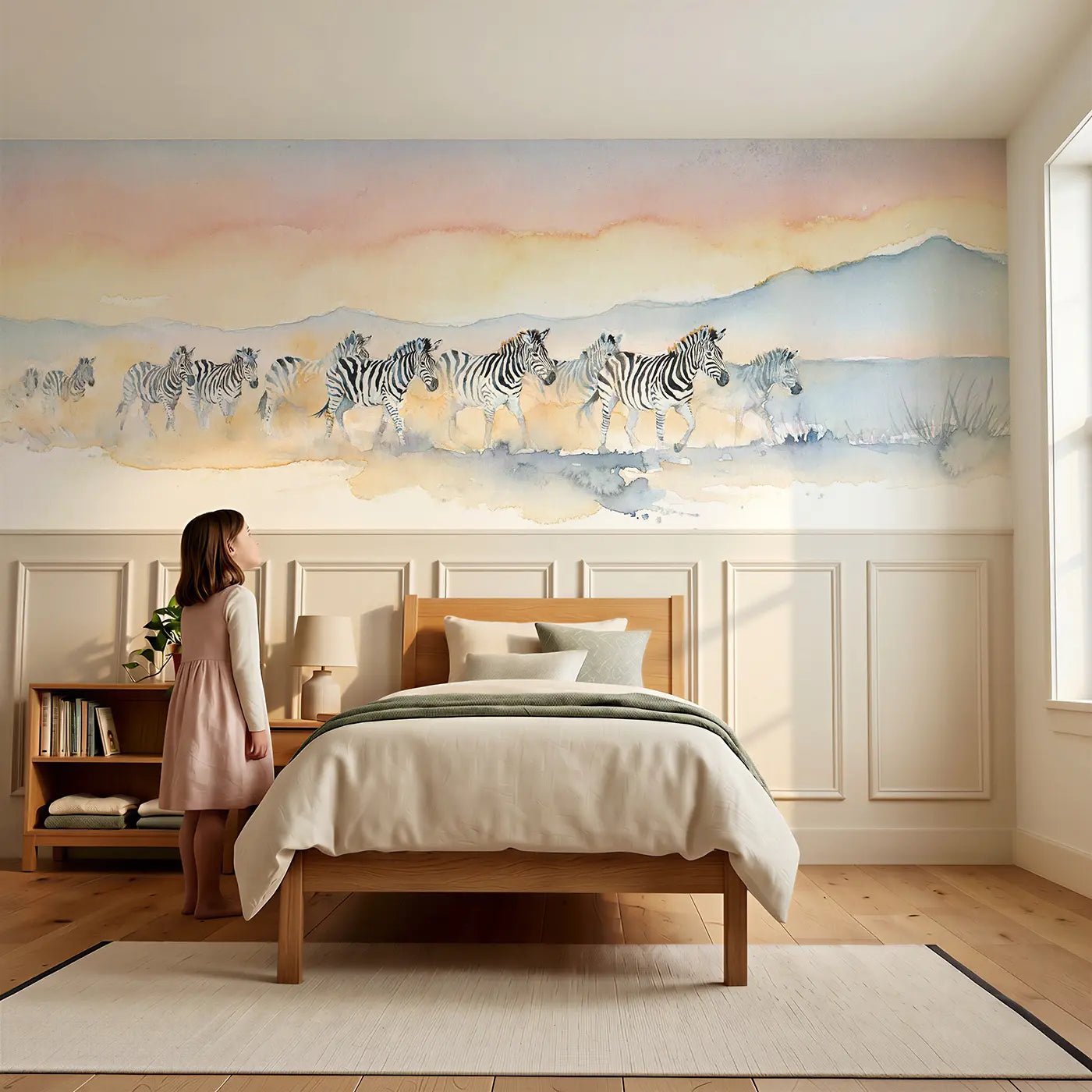Child reading near Zebra Herd Dust Dawn Wainscoting Wallpaper by Whimsy Tots