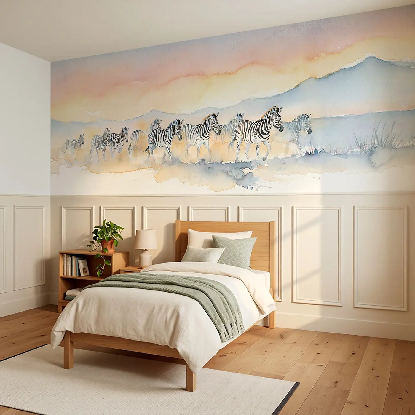 Zebra Herd Dust Dawn Wainscoting Wallpaper styled in a kids bedroom by Whimsy Tots