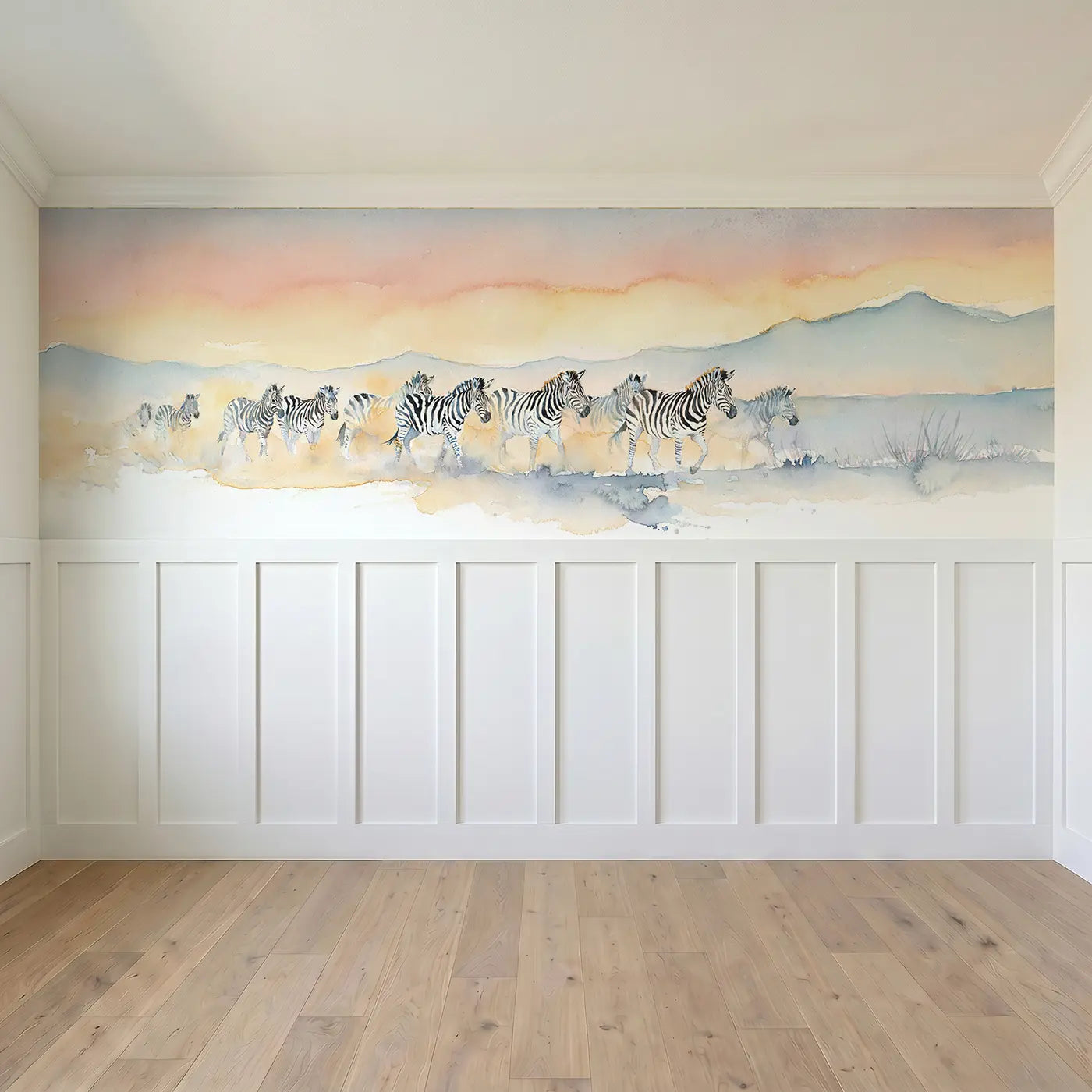 Full panel view of Zebra Herd Dust Dawn Wainscoting Wallpaper by Whimsy Tots