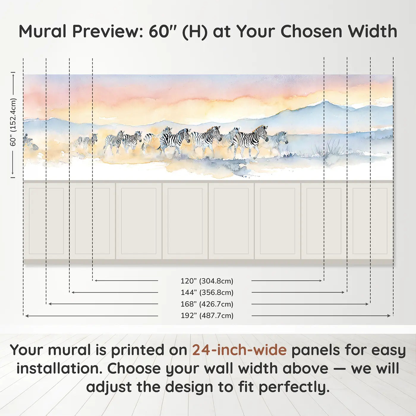 Panel dimensions for Zebra Herd Dust Dawn Wainscoting Wallpaper by Whimsy Tots