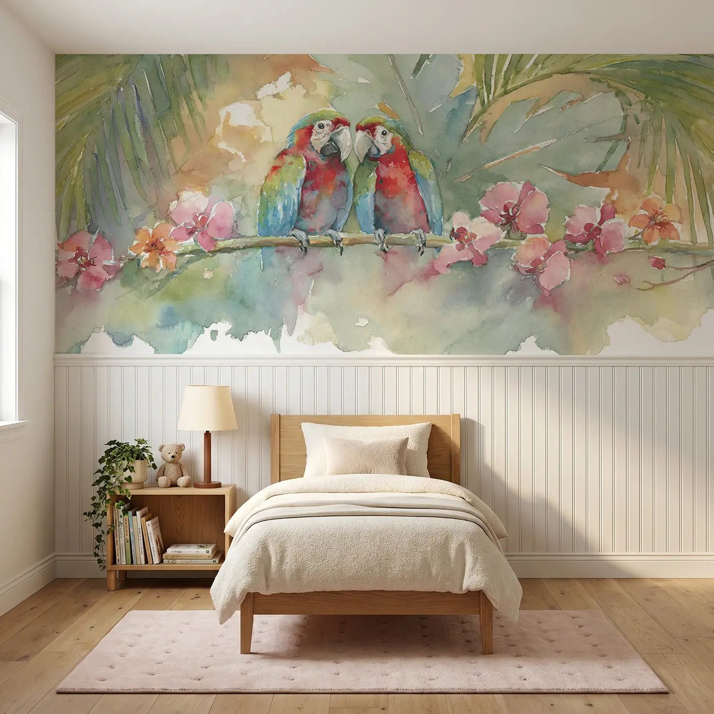 Watercolor parrot tropical branch wainscoting wallpaper for nursery by Whimsy Tots