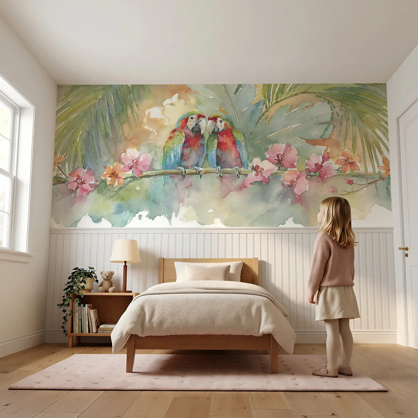 Child reading near Parrot Tropical Branch Wainscoting Wallpaper by Whimsy Tots