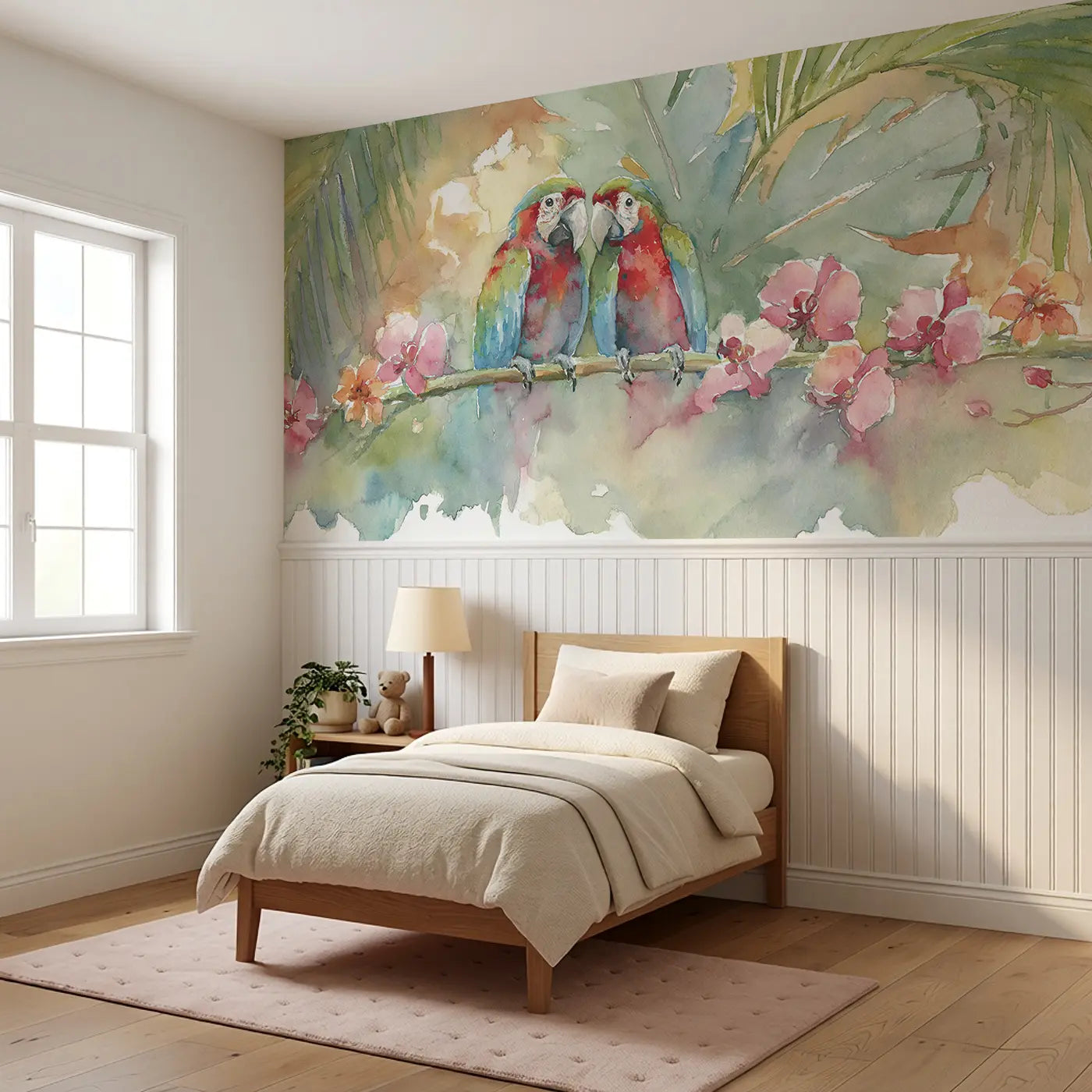 Parrot Tropical Branch Wainscoting Wallpaper styled in a kids bedroom by Whimsy Tots