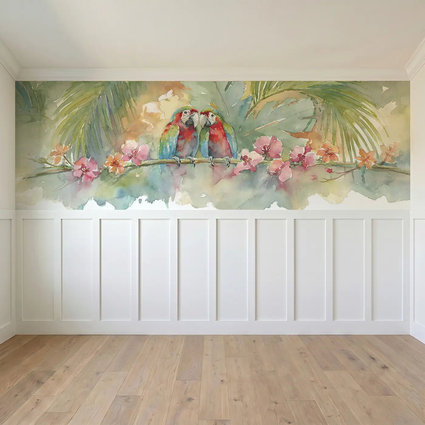 Full panel view of Parrot Tropical Branch Wainscoting Wallpaper by Whimsy Tots