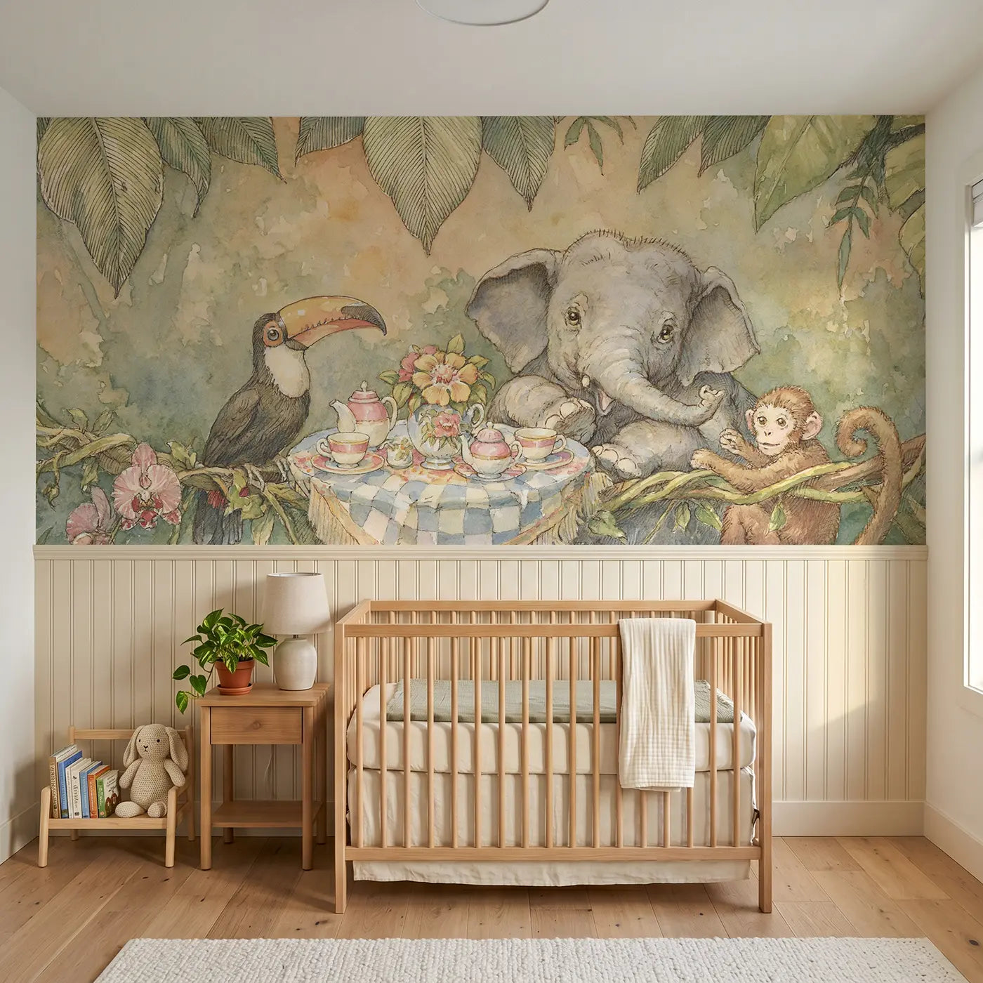 Storybook elephant tea party jungle wainscoting wallpaper for nursery by Whimsy Tots