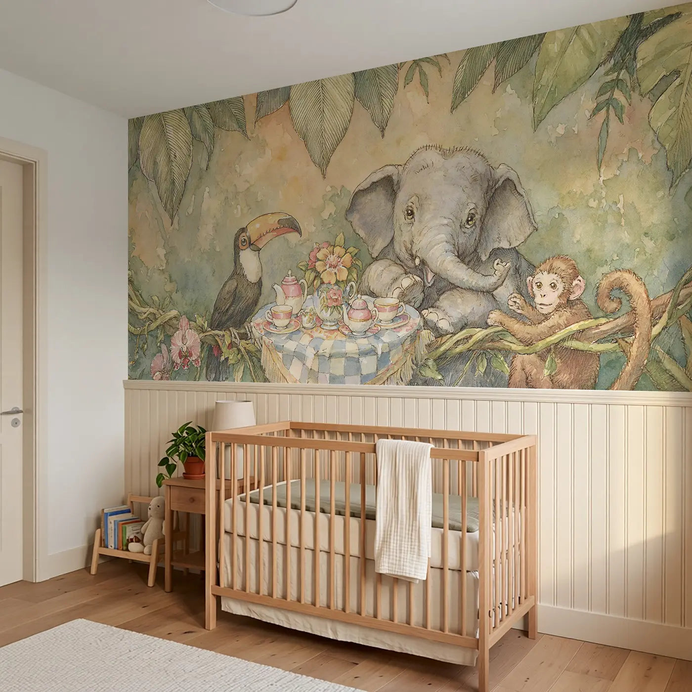 Elephant Tea Party Jungle Wainscoting Wallpaper styled in a kids bedroom by Whimsy Tots