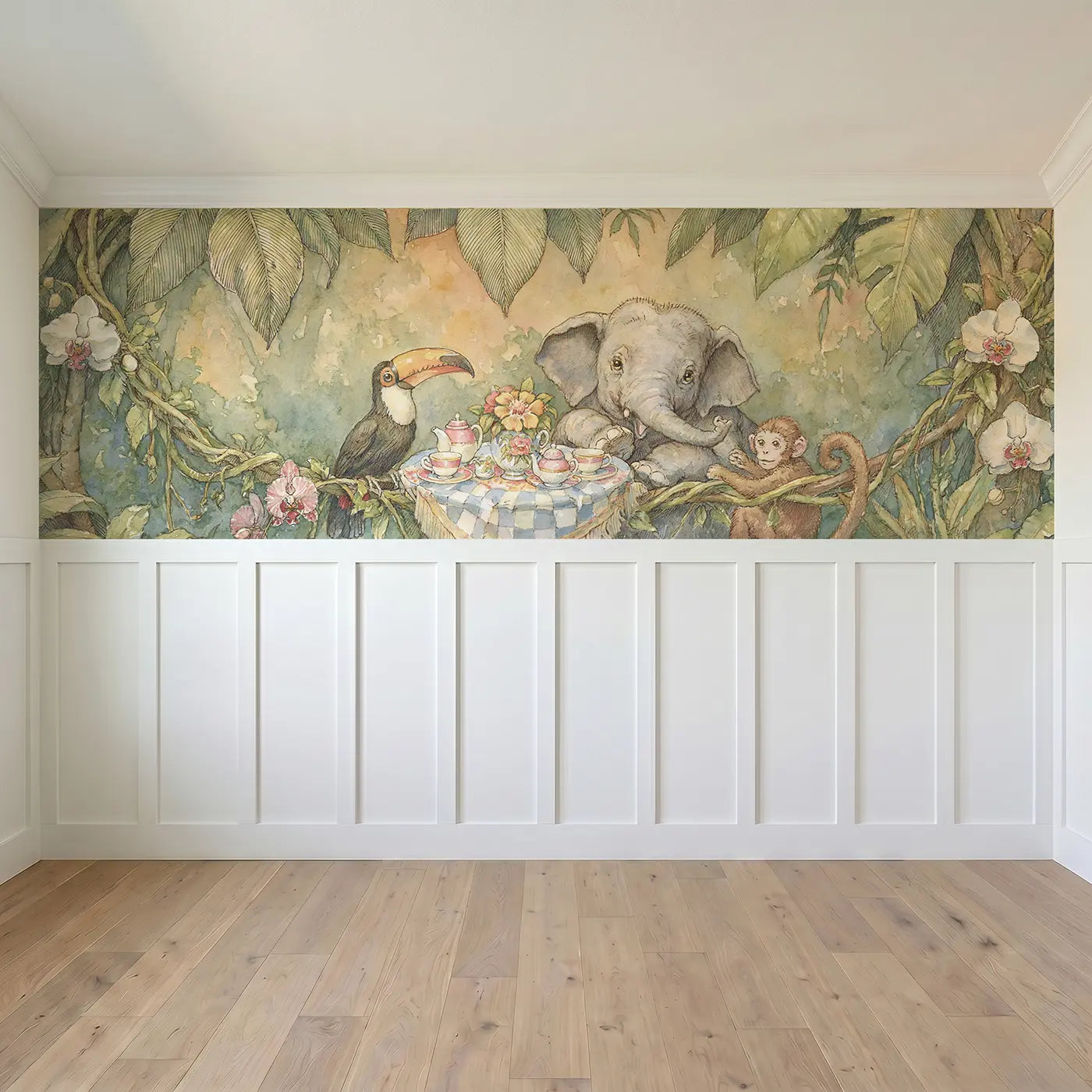 Full panel view of Elephant Tea Party Jungle Wainscoting Wallpaper by Whimsy Tots