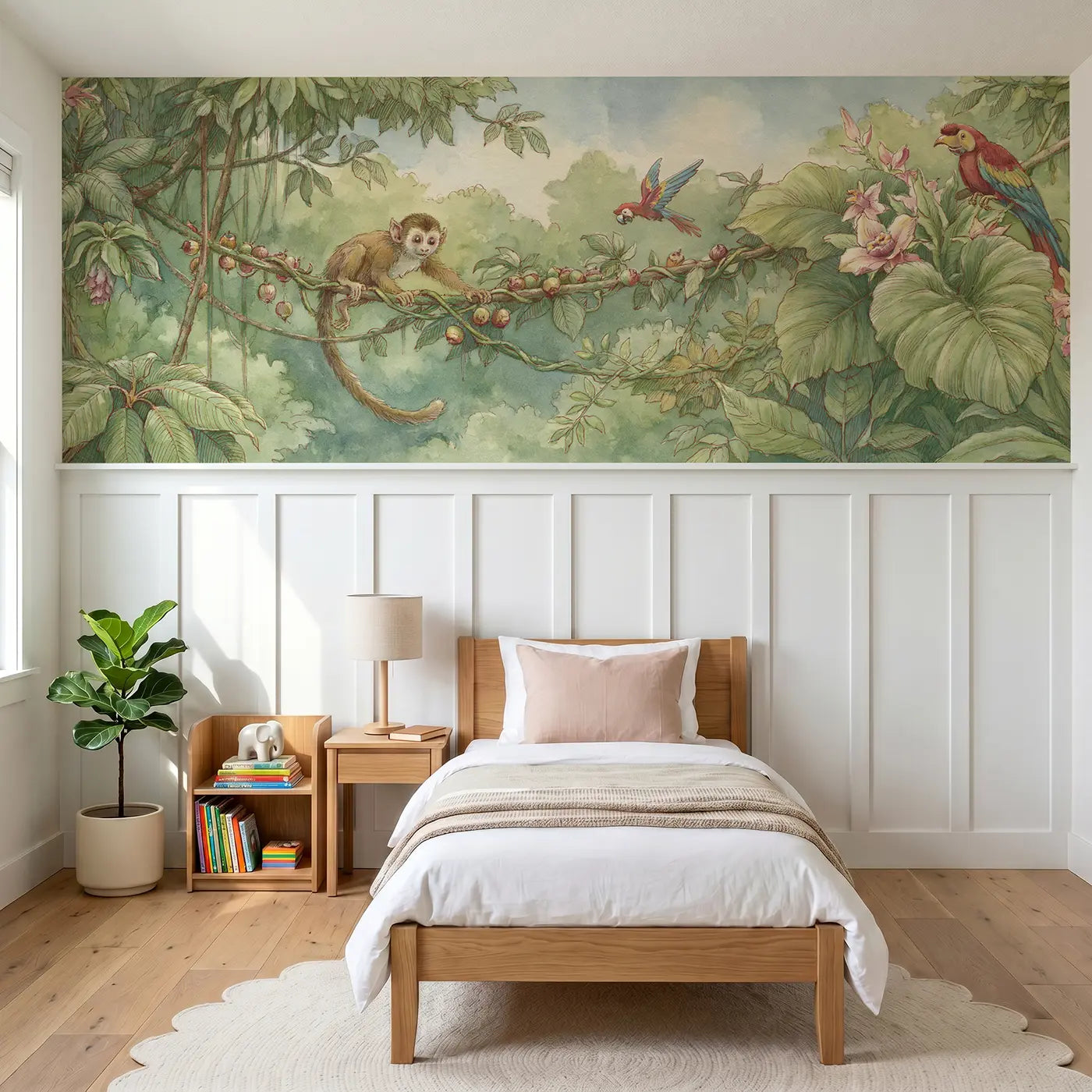 Storybook monkey vine swing play wainscoting wallpaper for bedroom by Whimsy Tots