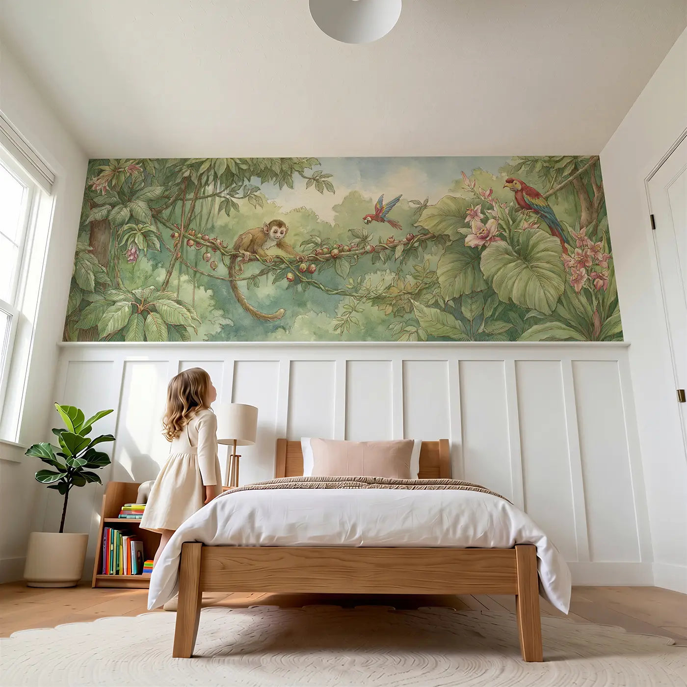 Child reading near Monkey Vine Swing Play Wainscoting Wallpaper by Whimsy Tots