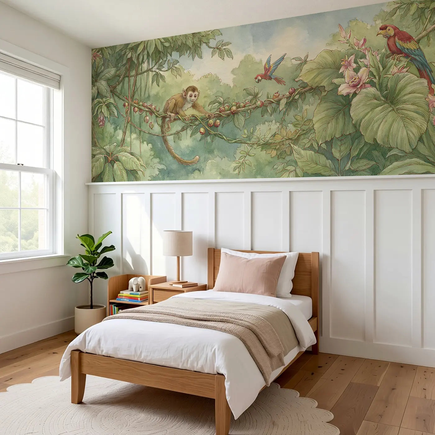 Monkey Vine Swing Play Wainscoting Wallpaper styled in a kids bedroom by Whimsy Tots