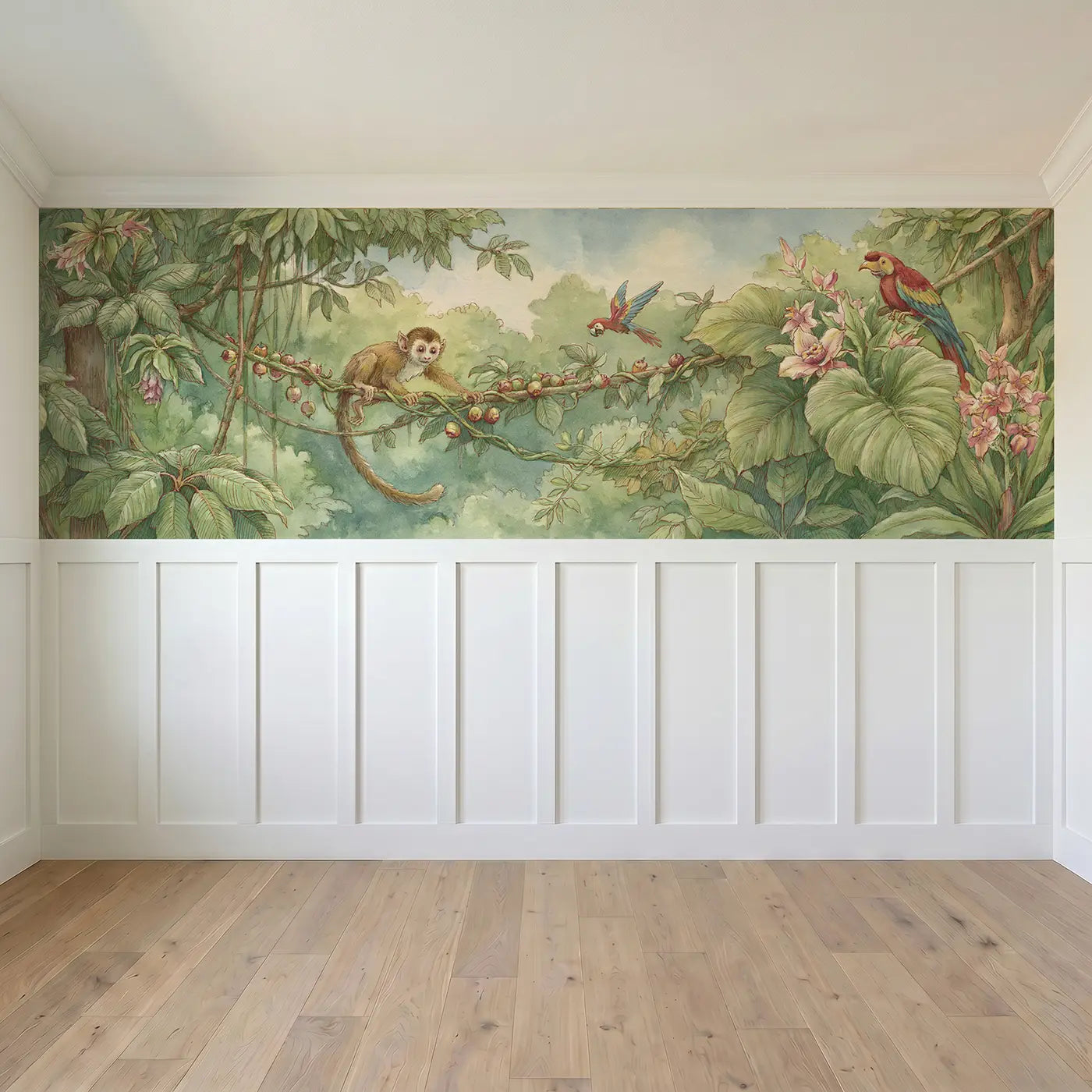 Full panel view of Monkey Vine Swing Play Wainscoting Wallpaper by Whimsy Tots