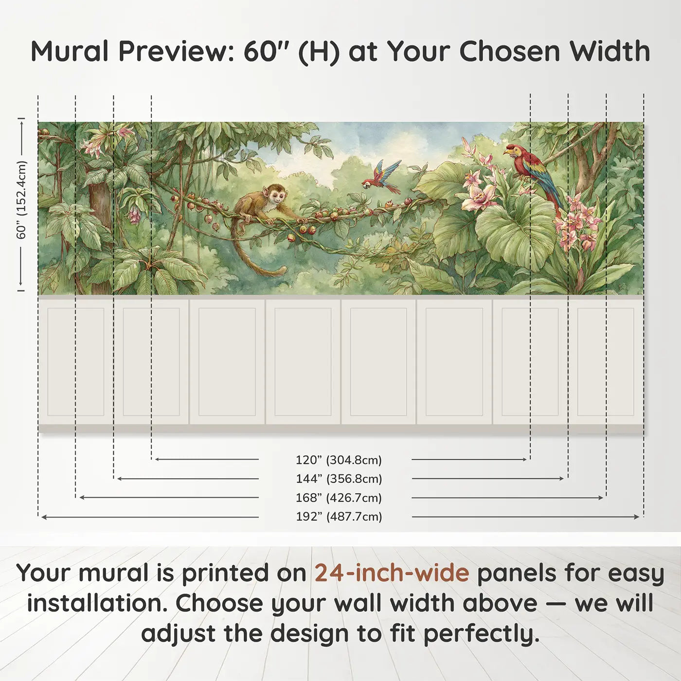 Panel dimensions for Monkey Vine Swing Play Wainscoting Wallpaper by Whimsy Tots