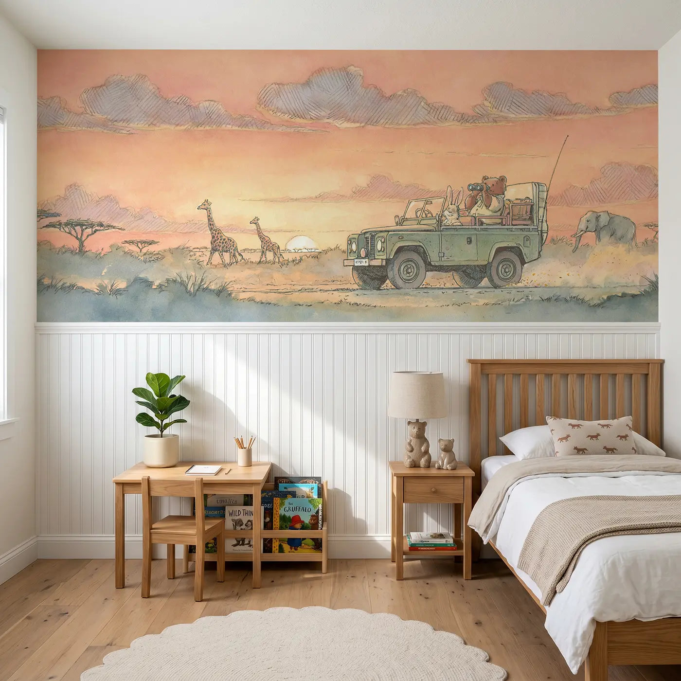 Storybook safari jeep sunset drive wainscoting wallpaper for bedroom by Whimsy Tots