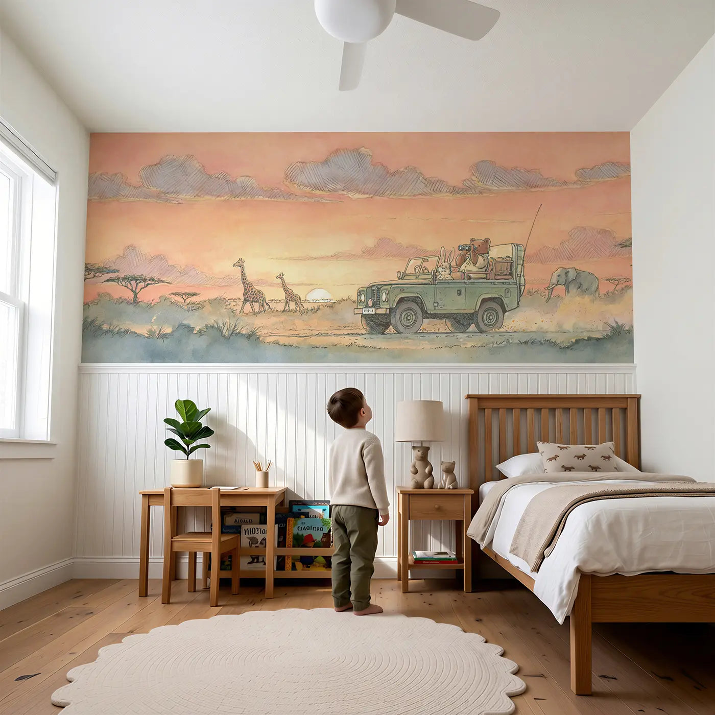 Child reading near Safari Jeep Sunset Drive Wainscoting Wallpaper by Whimsy Tots