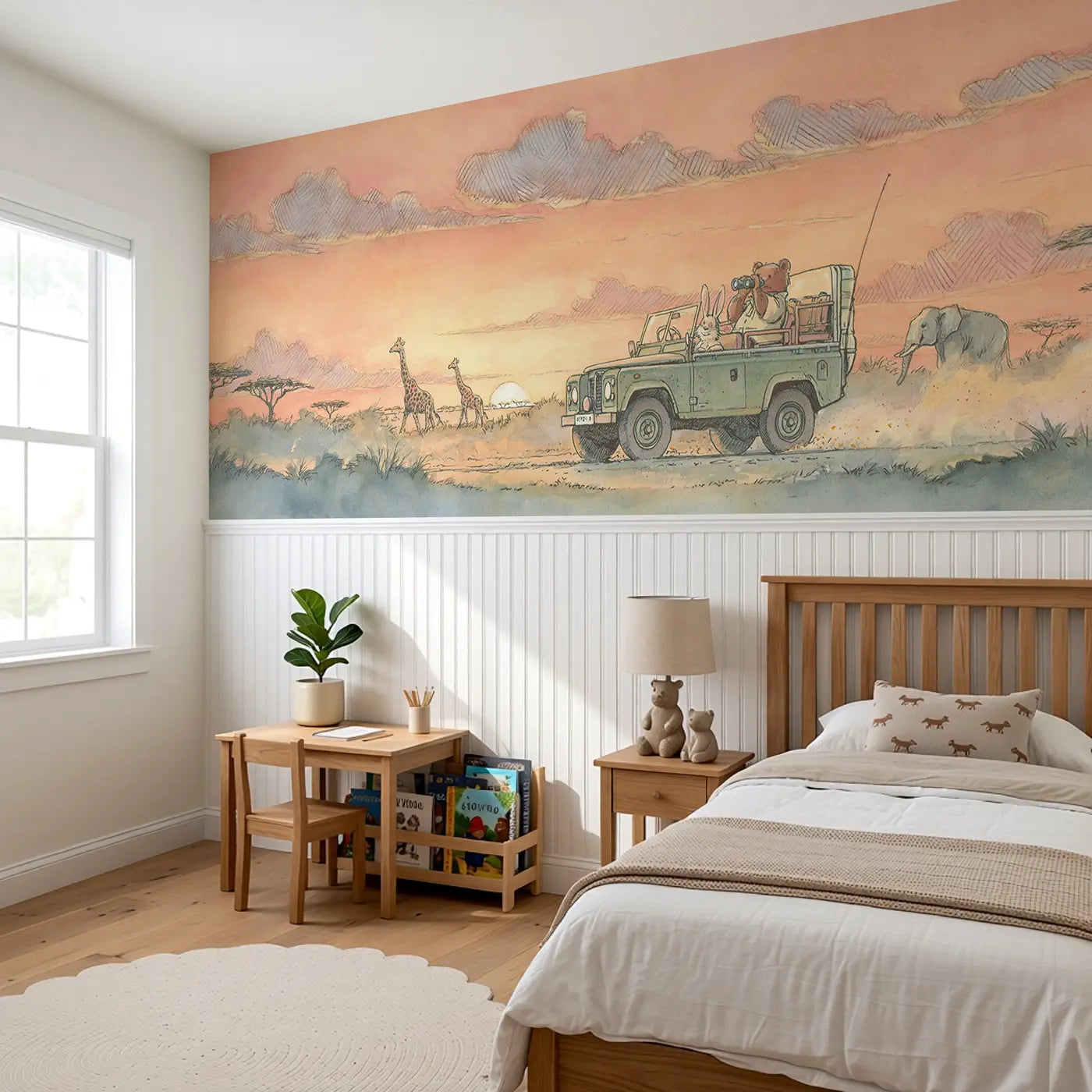 Safari Jeep Sunset Drive Wainscoting Wallpaper styled in a kids bedroom by Whimsy Tots