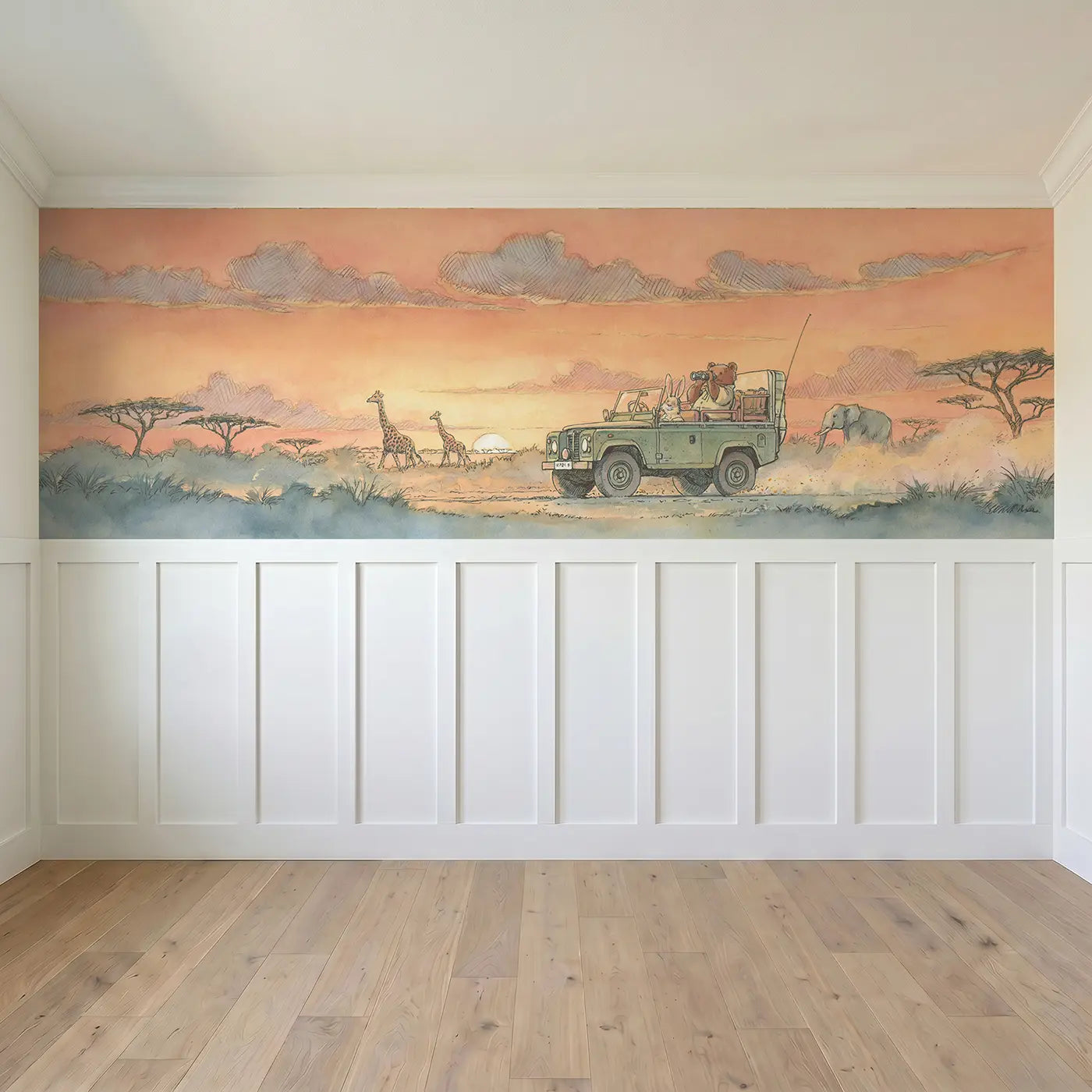 Full panel view of Safari Jeep Sunset Drive Wainscoting Wallpaper by Whimsy Tots