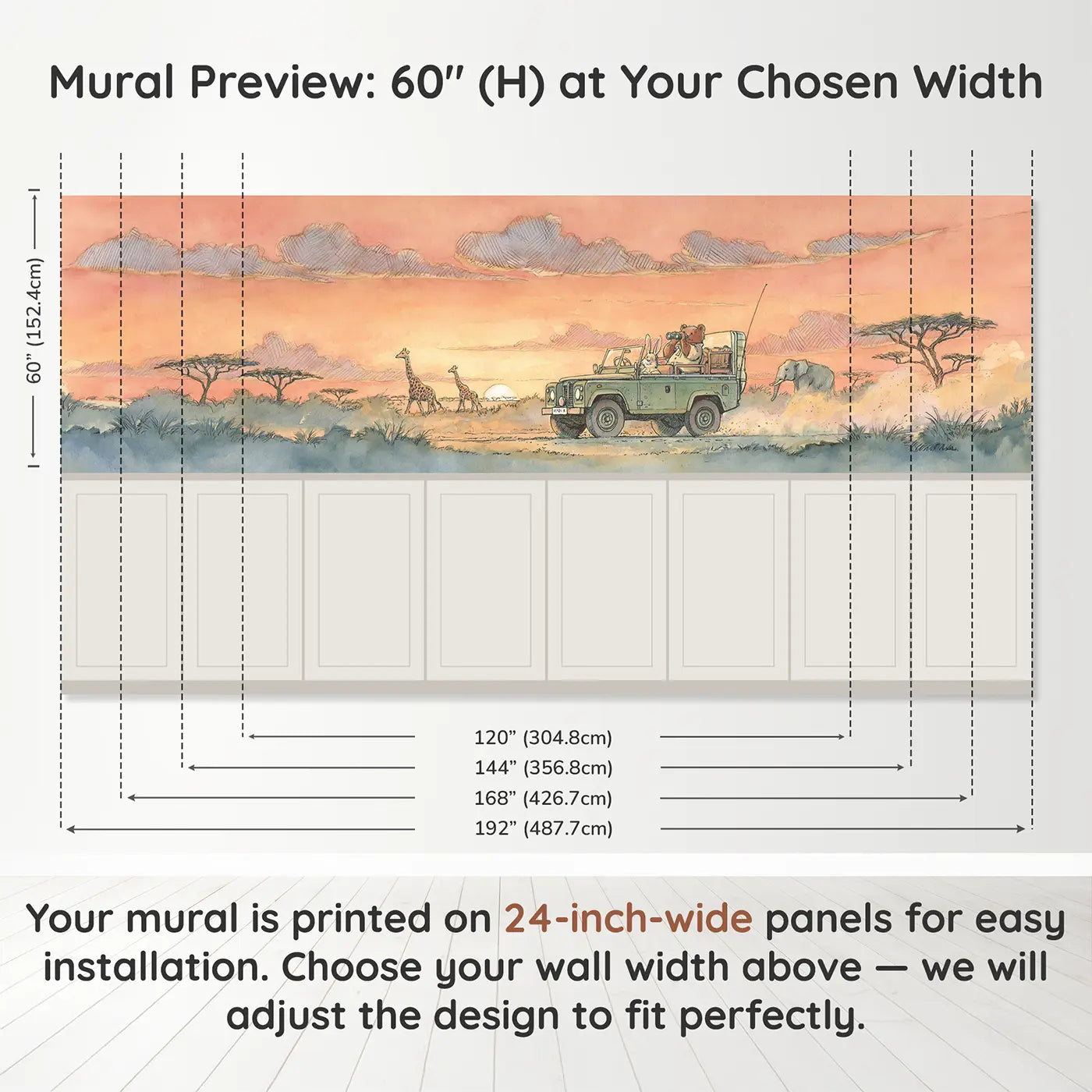 Panel dimensions for Safari Jeep Sunset Drive Wainscoting Wallpaper by Whimsy Tots