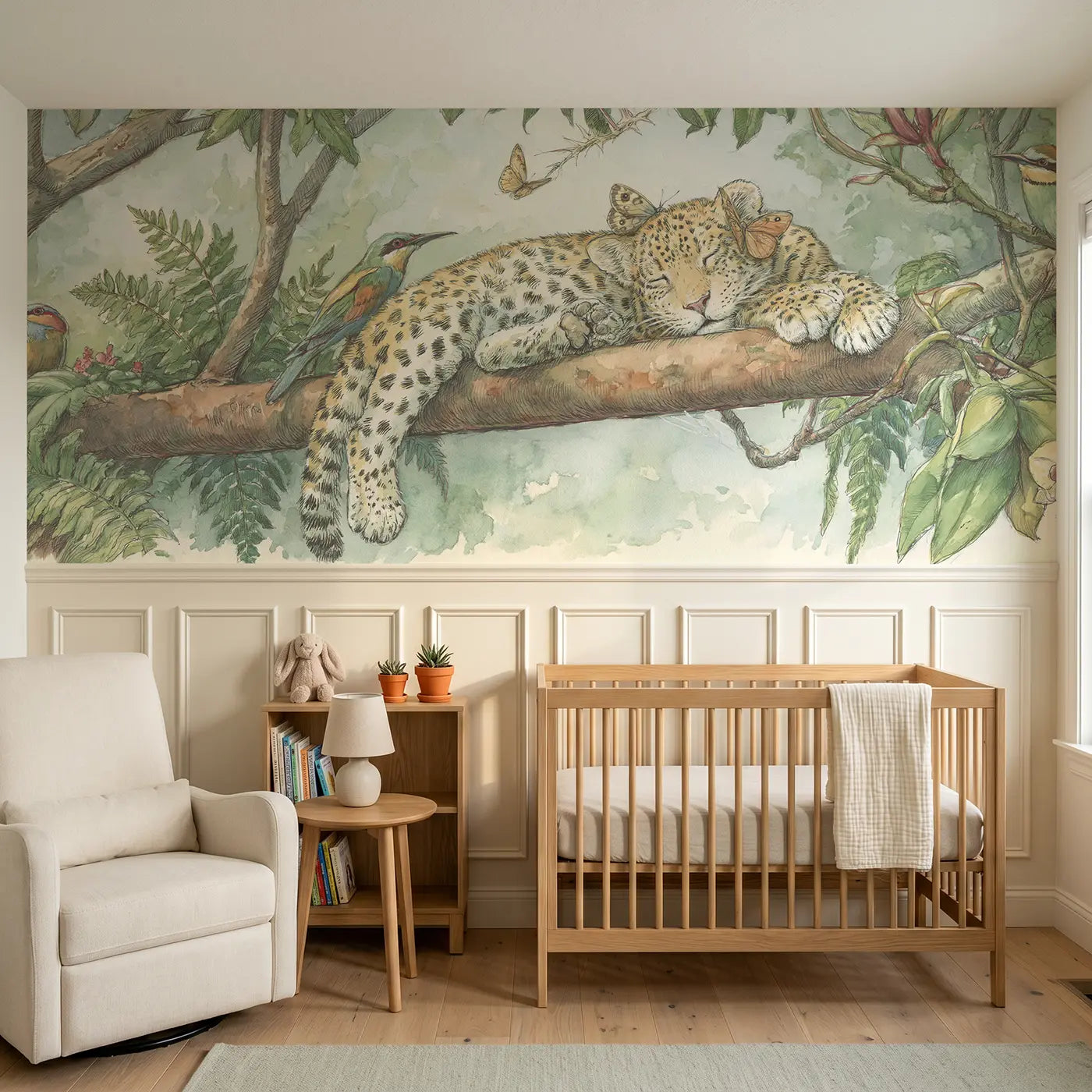 Storybook leopard cub branch nap wainscoting wallpaper for nursery by Whimsy Tots