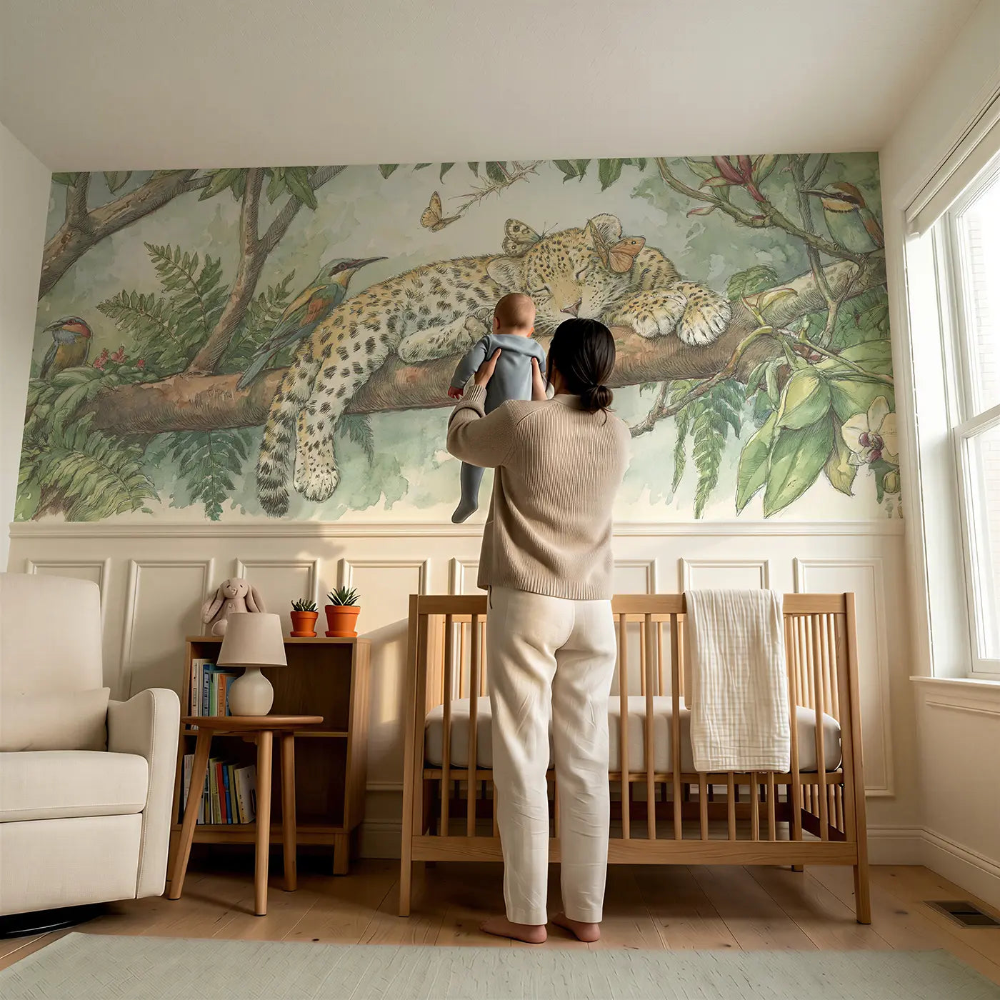 Child reading near Leopard Cub Branch Nap Wainscoting Wallpaper by Whimsy Tots