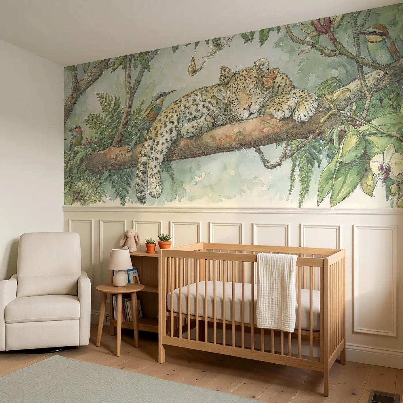 Leopard Cub Branch Nap Wainscoting Wallpaper styled in a kids bedroom by Whimsy Tots