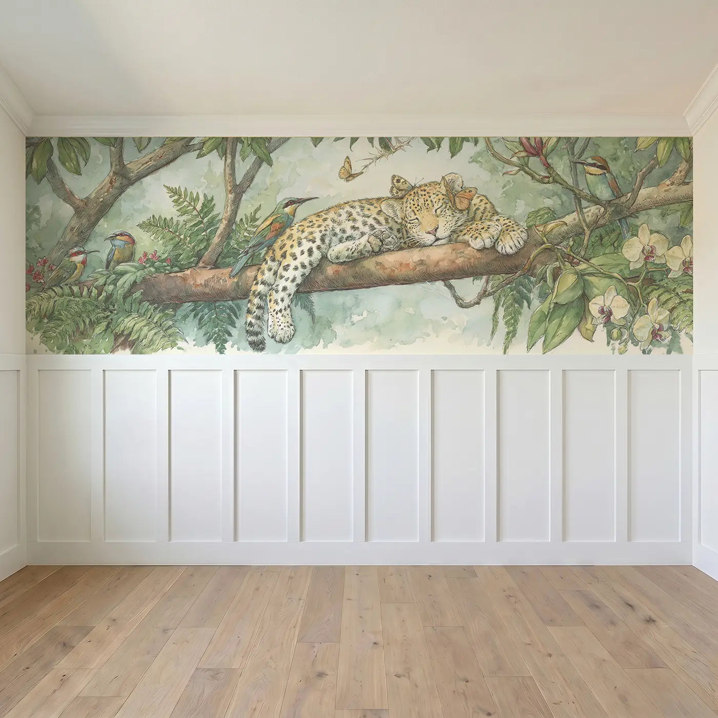 Full panel view of Leopard Cub Branch Nap Wainscoting Wallpaper by Whimsy Tots