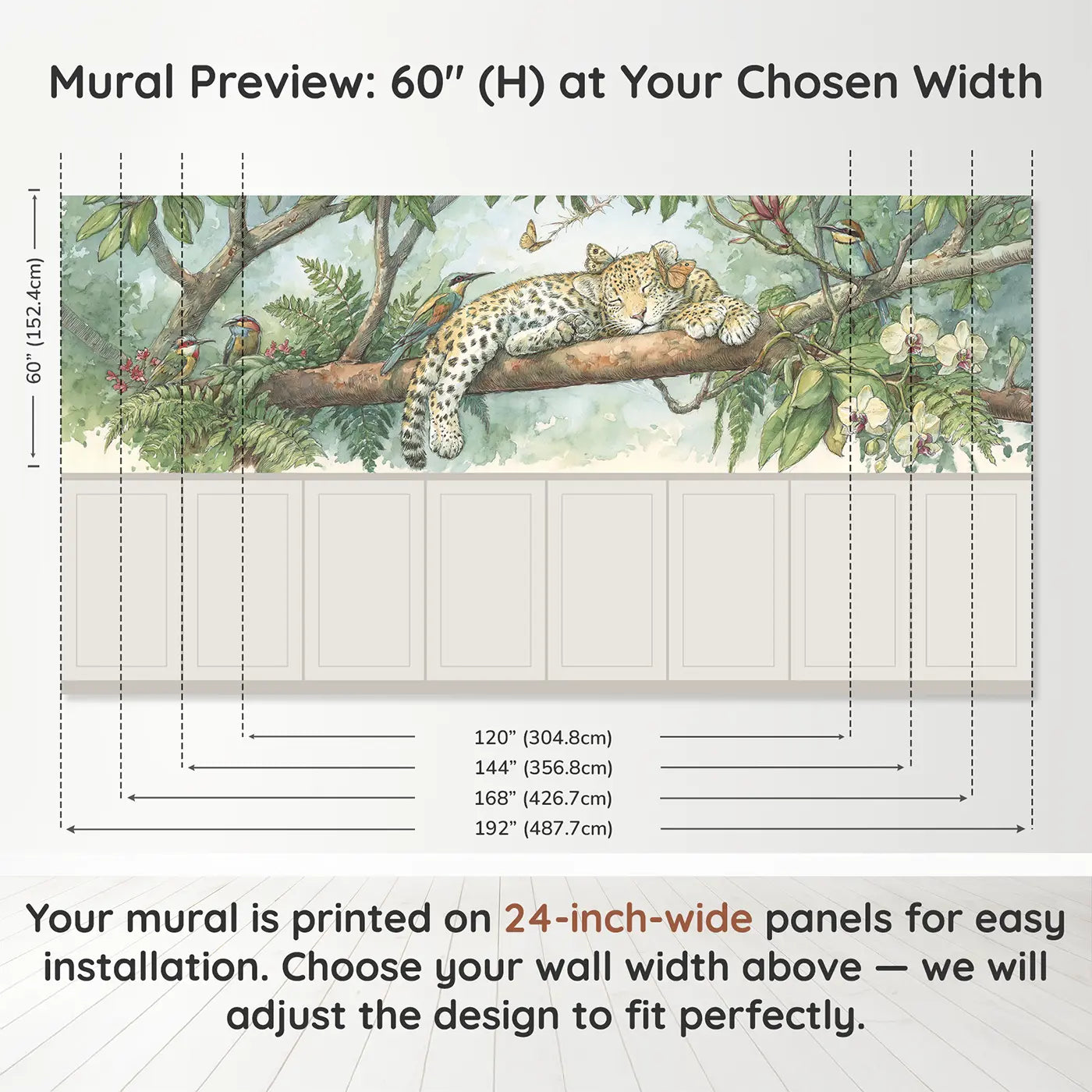 Panel dimensions for Leopard Cub Branch Nap Wainscoting Wallpaper by Whimsy Tots