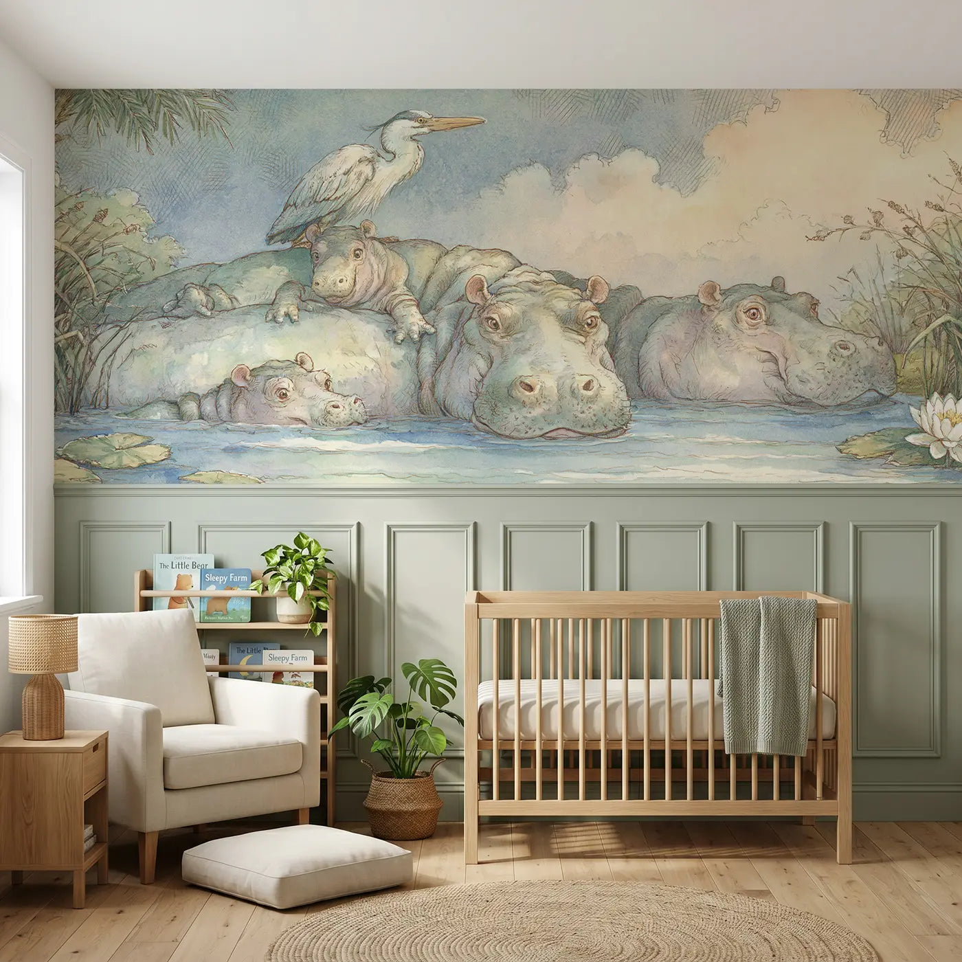 Storybook hippo river family bath wainscoting wallpaper for nursery by Whimsy Tots