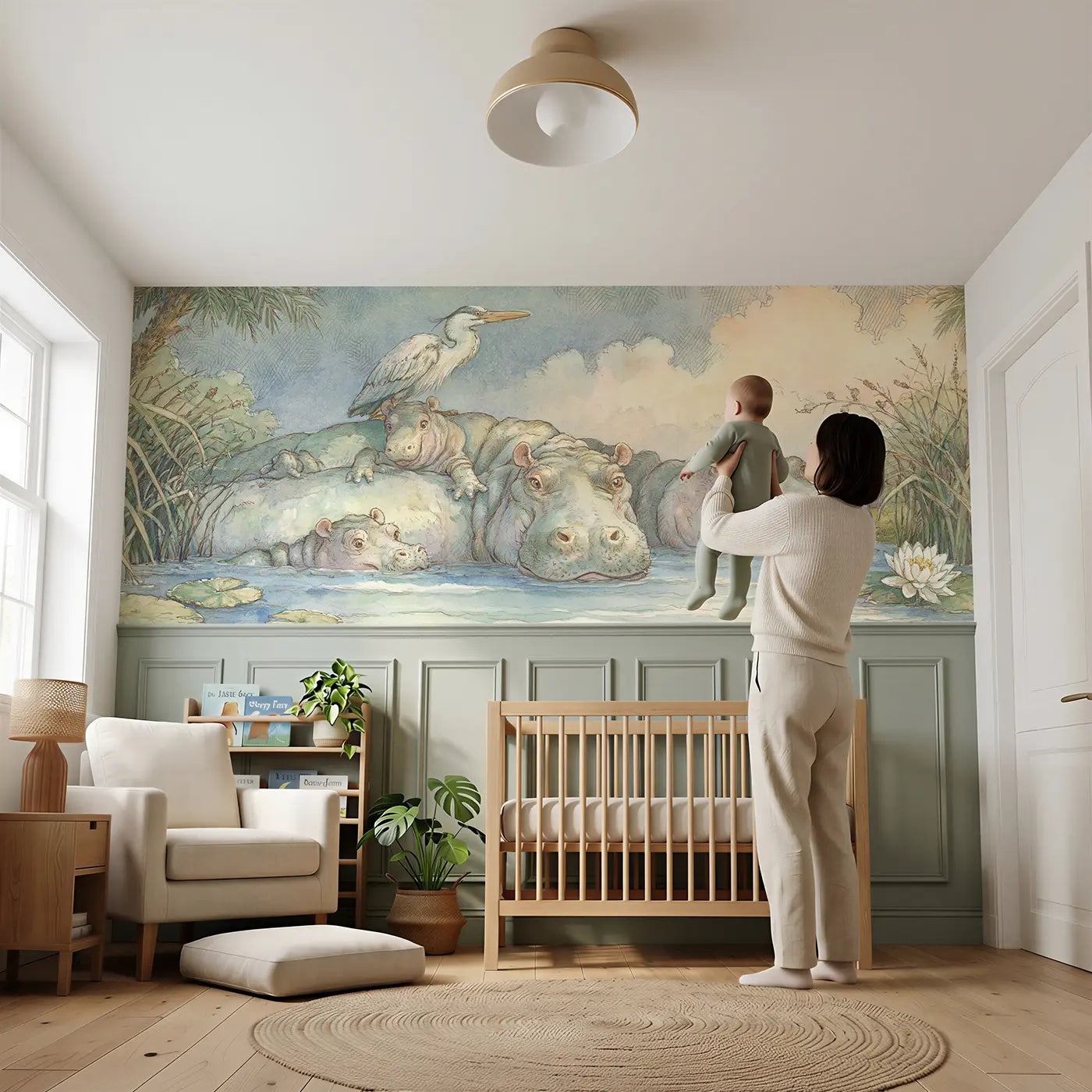 Child reading near Hippo River Family Bath Wainscoting Wallpaper by Whimsy Tots