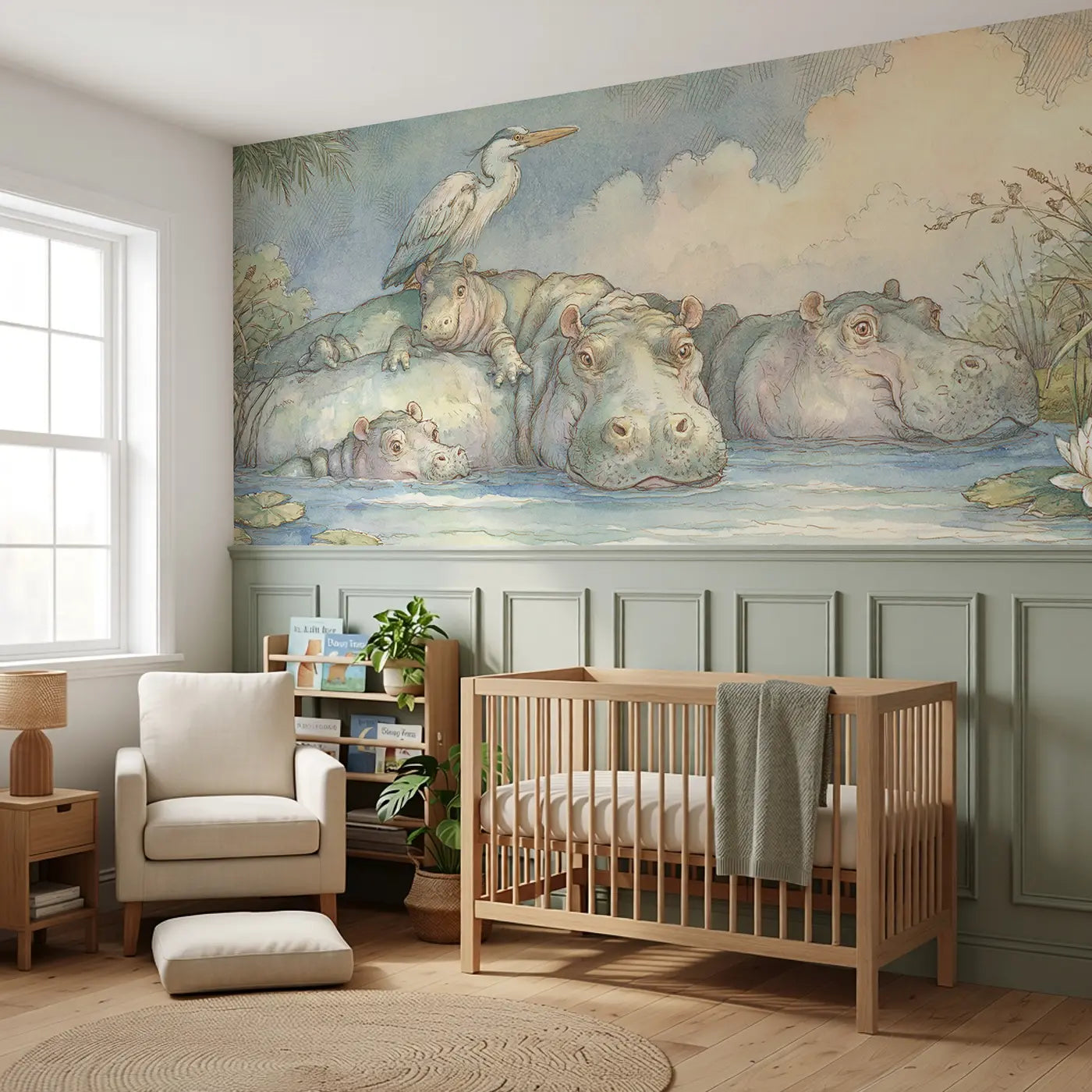 Hippo River Family Bath Wainscoting Wallpaper styled in a kids bedroom by Whimsy Tots