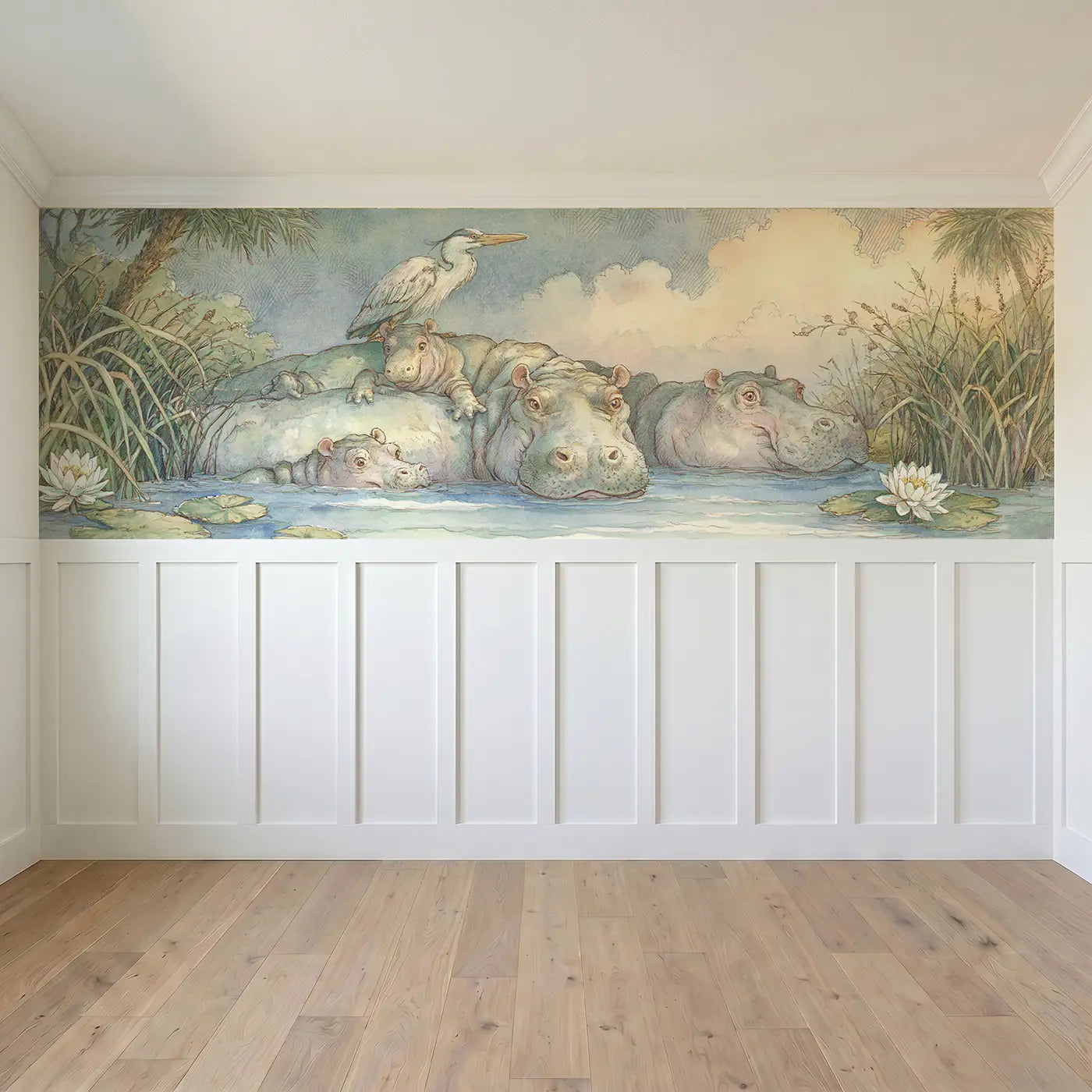 Full panel view of Hippo River Family Bath Wainscoting Wallpaper by Whimsy Tots