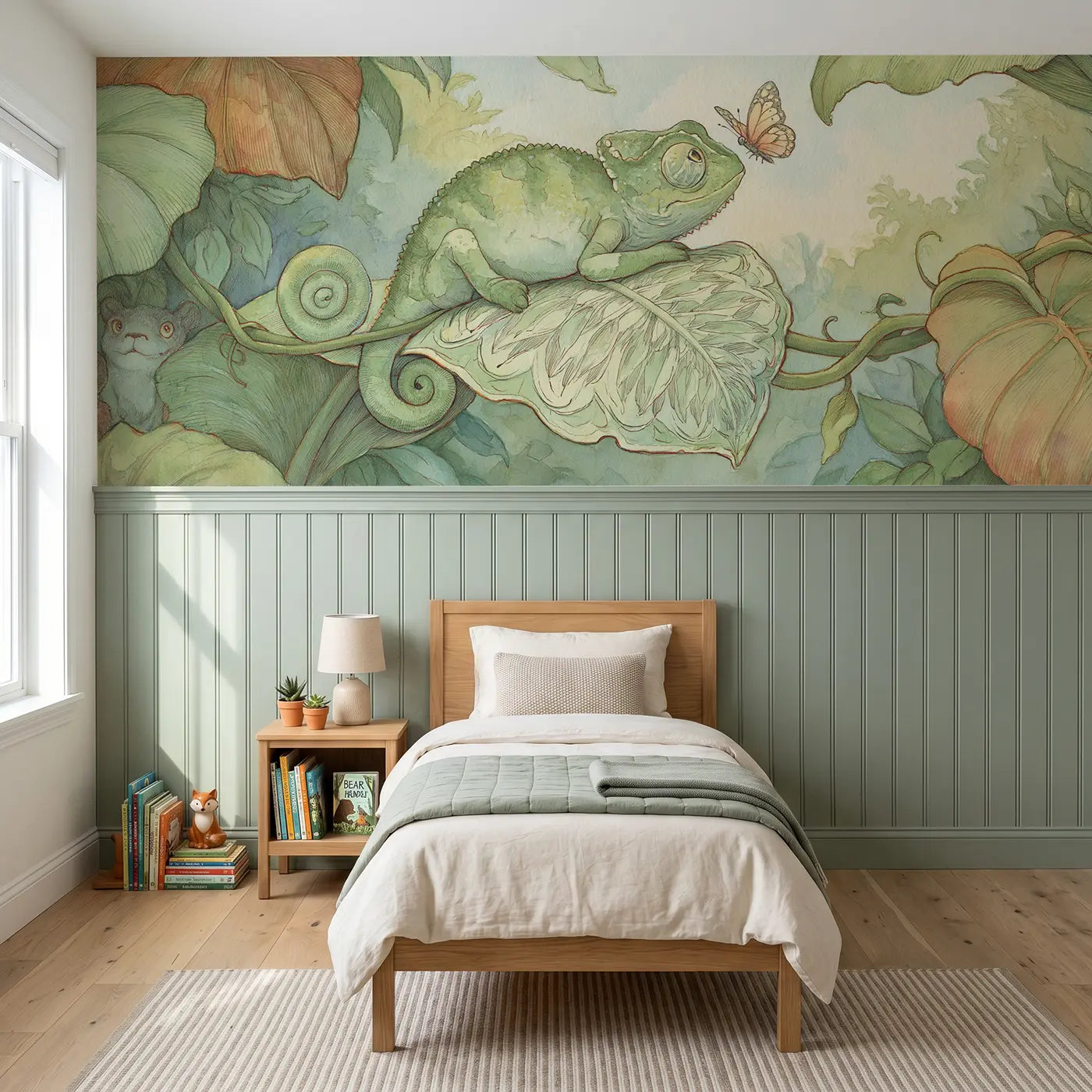 Storybook chameleon leaf hide seek wainscoting wallpaper for bedroom by Whimsy Tots