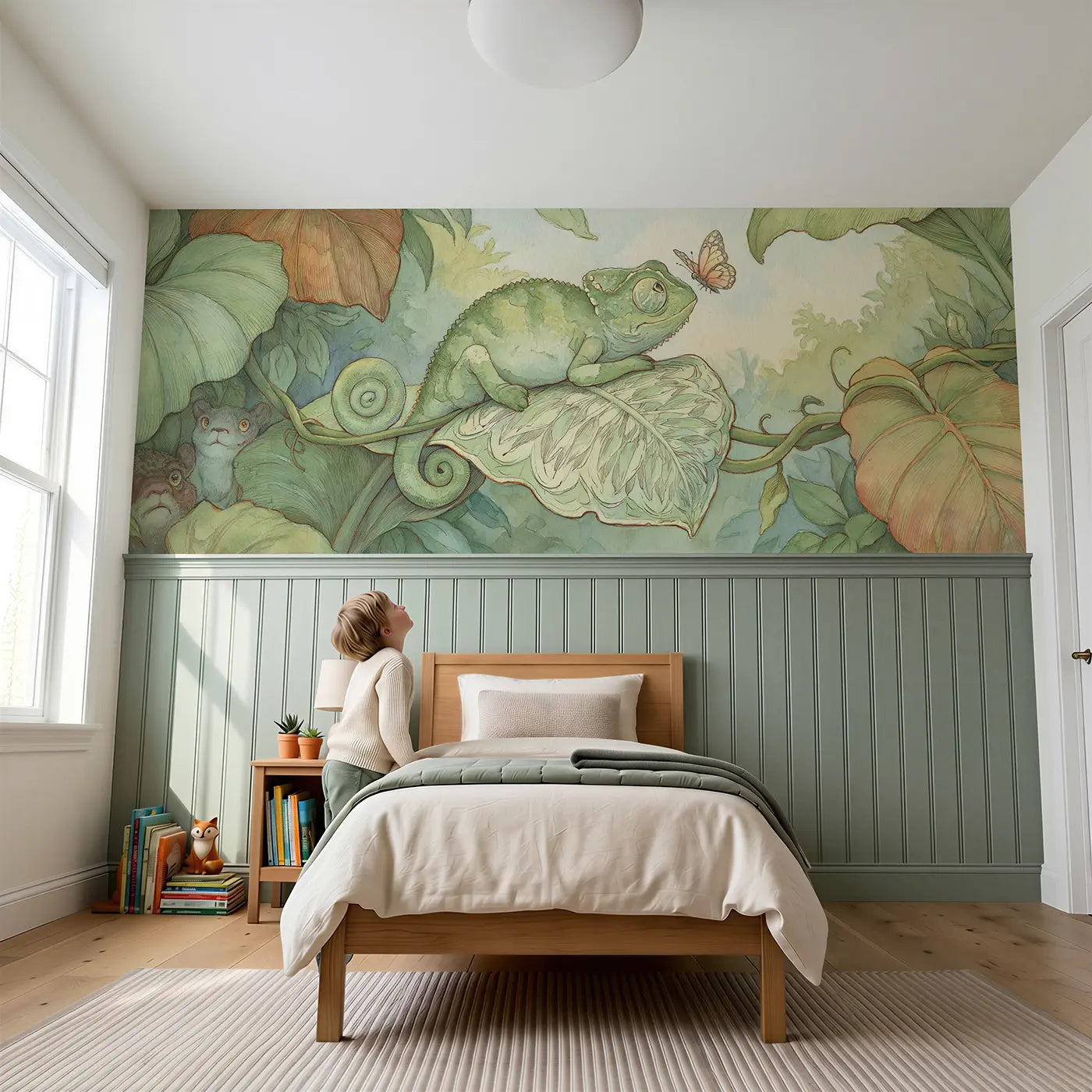 Child reading near Chameleon Leaf Hide Seek Wainscoting Wallpaper by Whimsy Tots