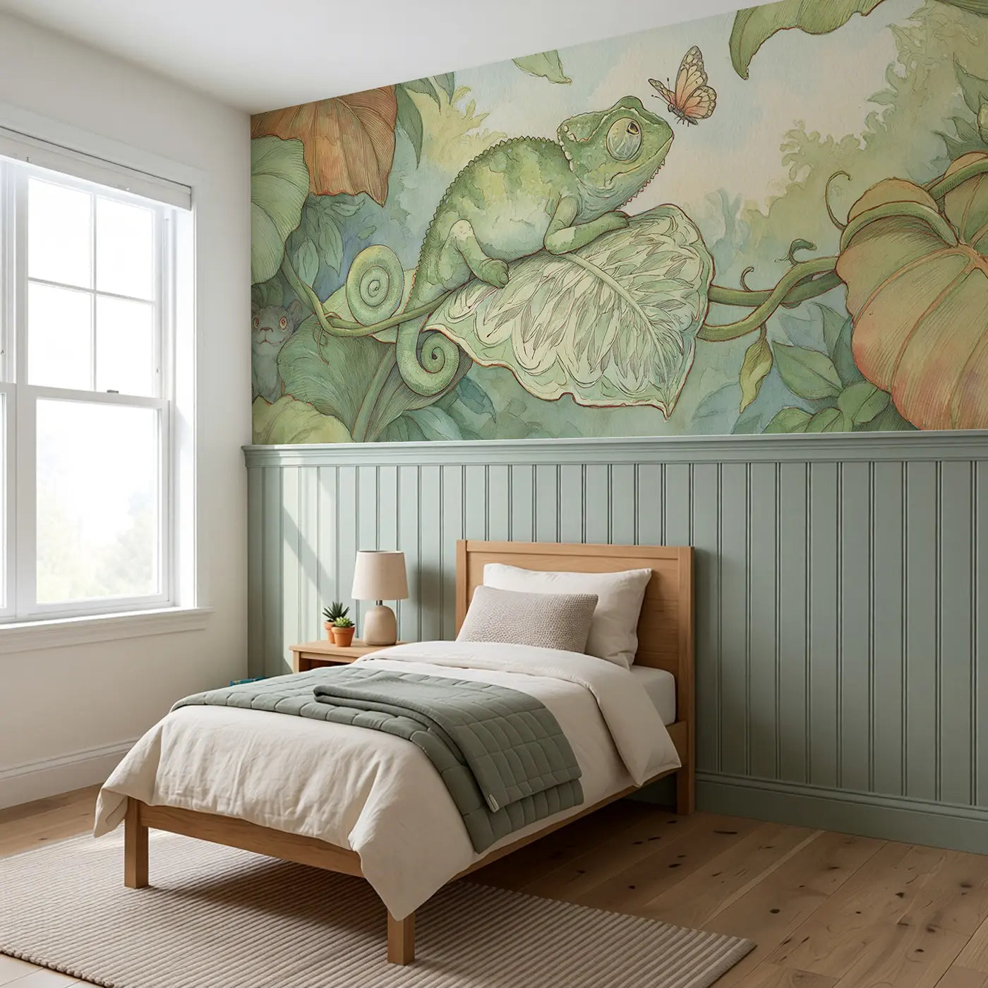 Chameleon Leaf Hide Seek Wainscoting Wallpaper styled in a kids bedroom by Whimsy Tots