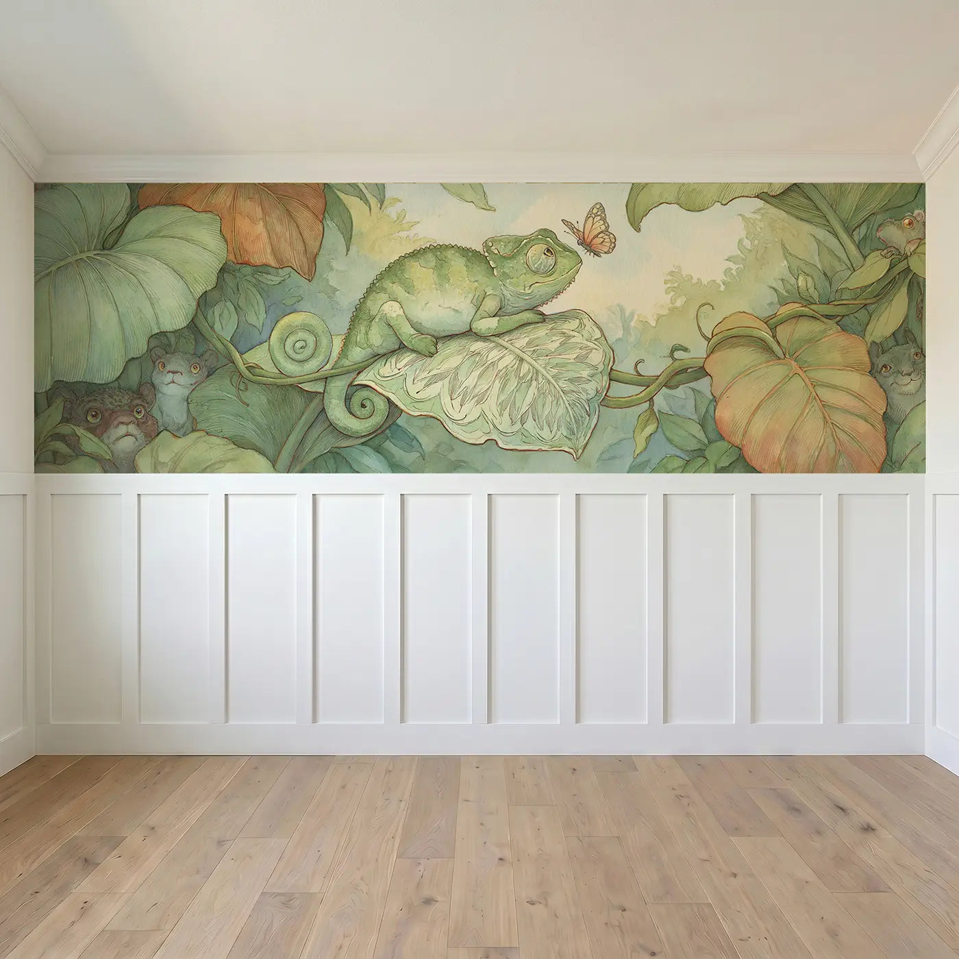 Full panel view of Chameleon Leaf Hide Seek Wainscoting Wallpaper by Whimsy Tots