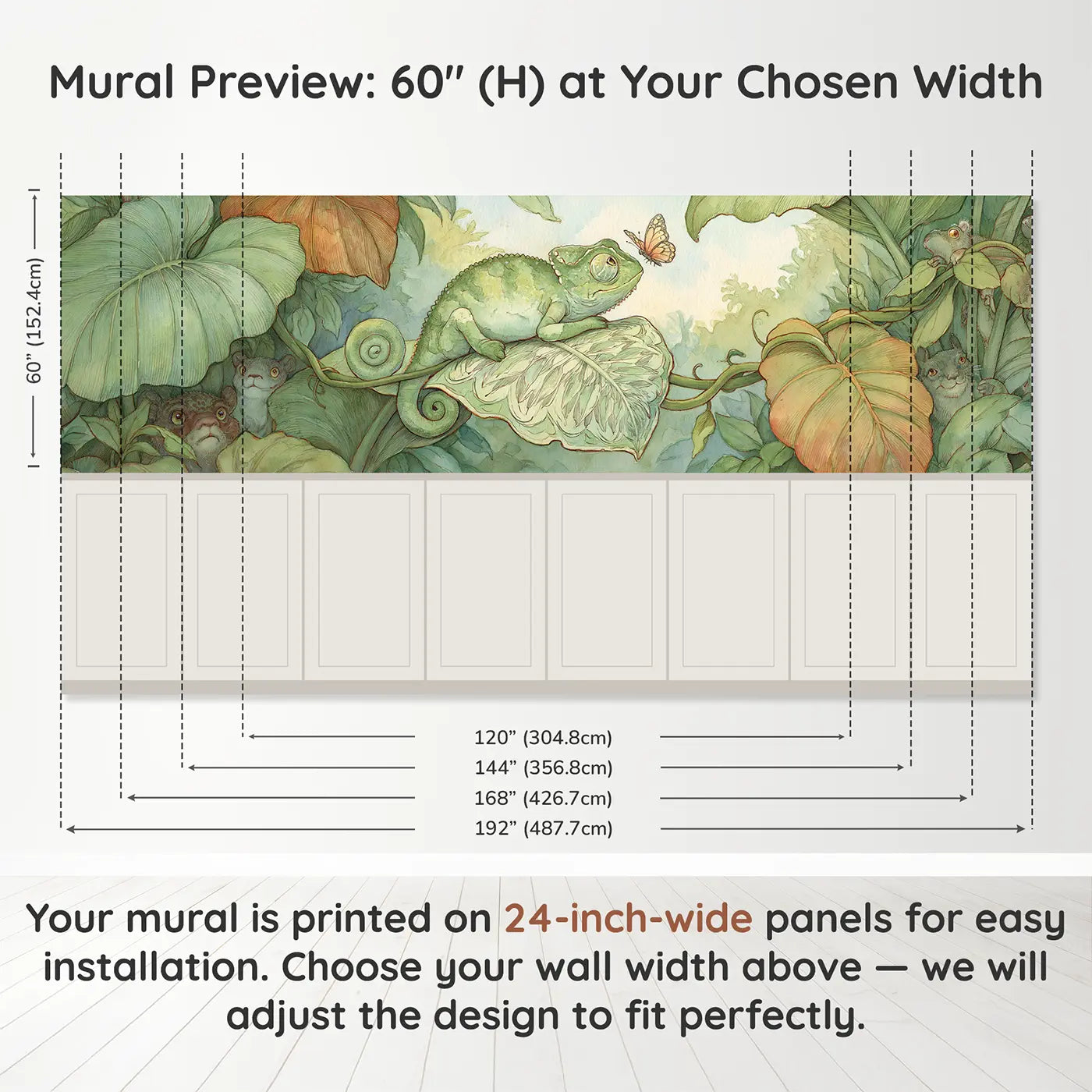 Panel dimensions for Chameleon Leaf Hide Seek Wainscoting Wallpaper by Whimsy Tots