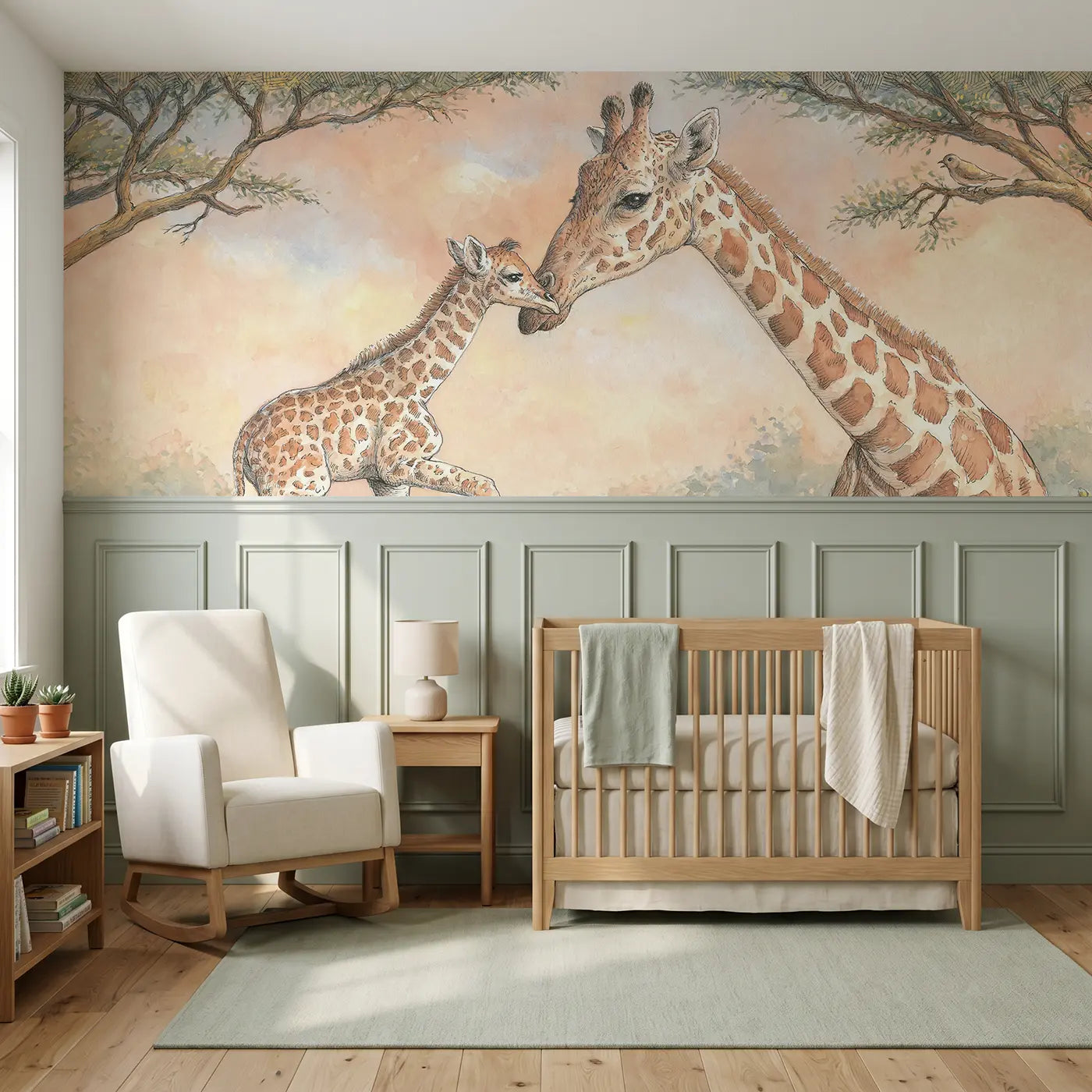 Storybook giraffe calf first steps wainscoting wallpaper for nursery by Whimsy Tots