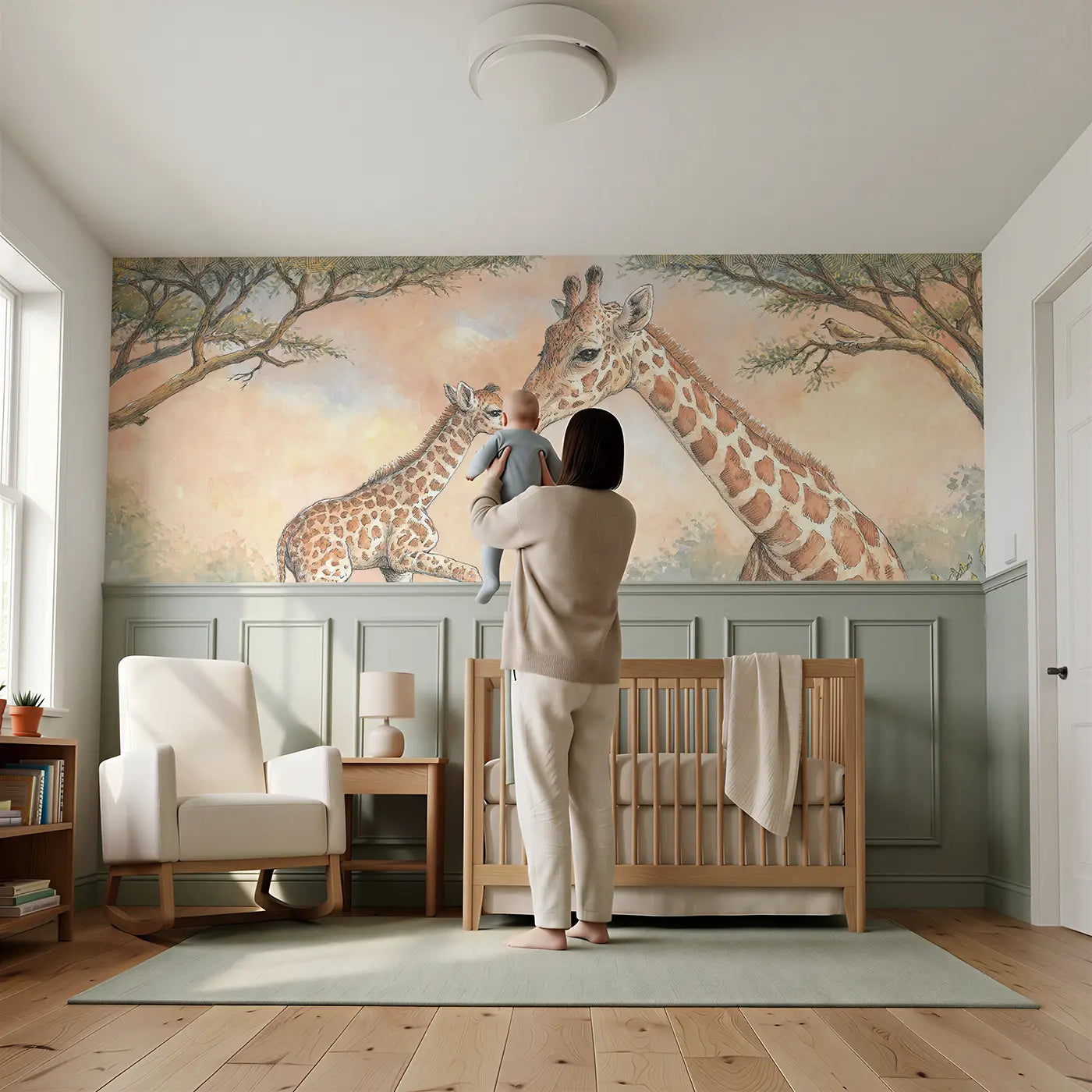 Child reading near Giraffe Calf First Steps Wainscoting Wallpaper by Whimsy Tots